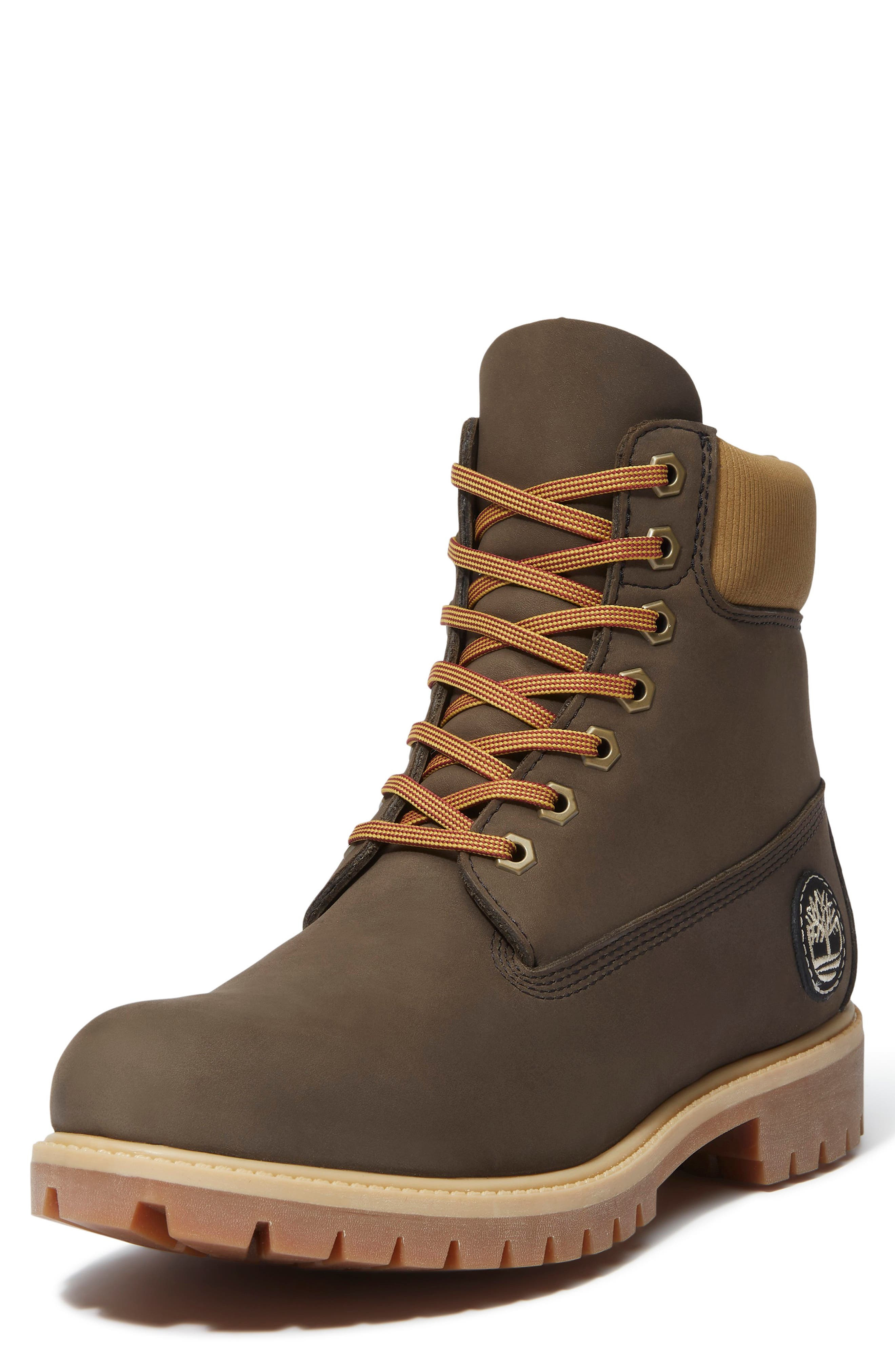 Timberland Premium 6-Inch Waterproof Boot in Dark Brown Nubuck/Olive at Nordstrom - 8