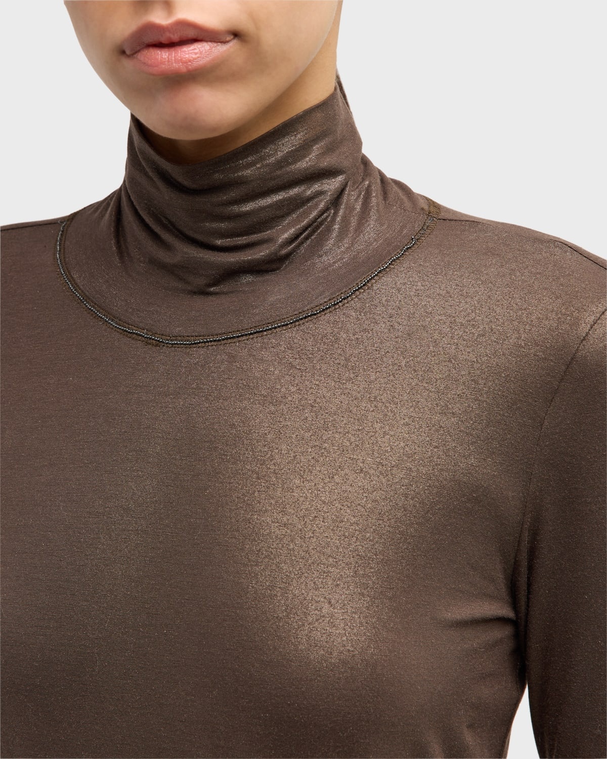 Monili Turtleneck Lame Jersey Long-Sleeve Top - 5