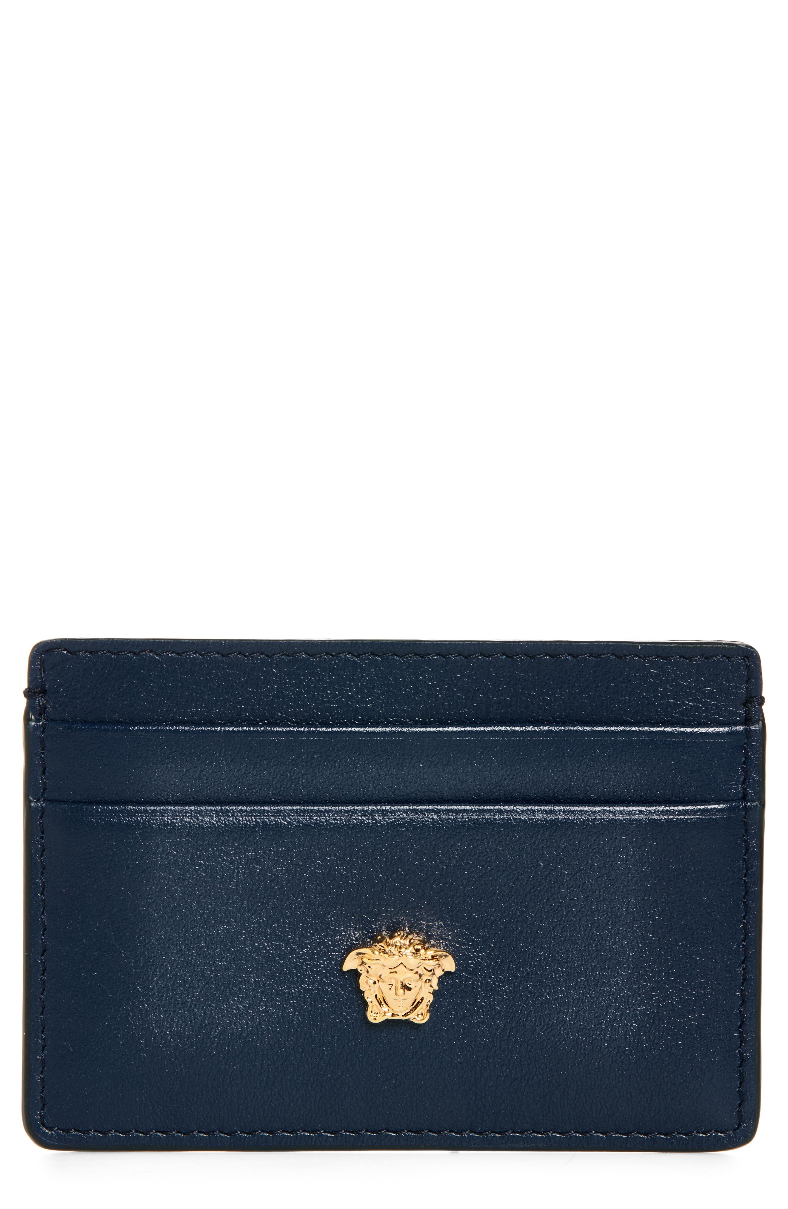 Versace Medusa Leather Card Case in Midnight Blue-Versace Gold at Nordstrom - 1