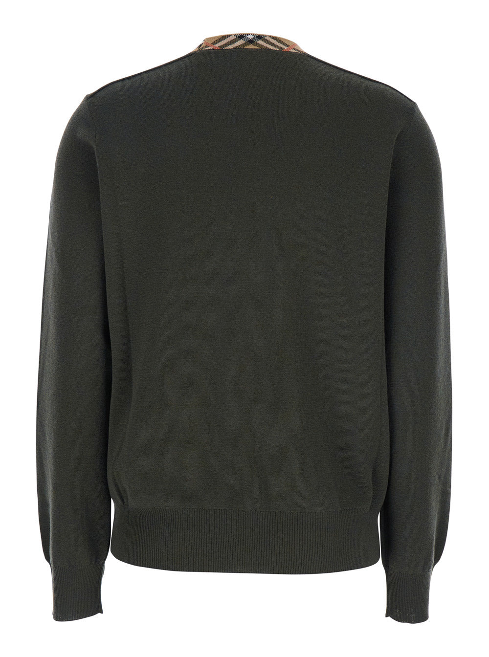 Burberry Women Grey Crewneck Sweater With Check Motif In The Collar And Ribbed Trims In Wool Woman - 2