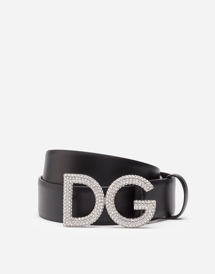 Calfskin belt with rhinestone logo buckle - 1