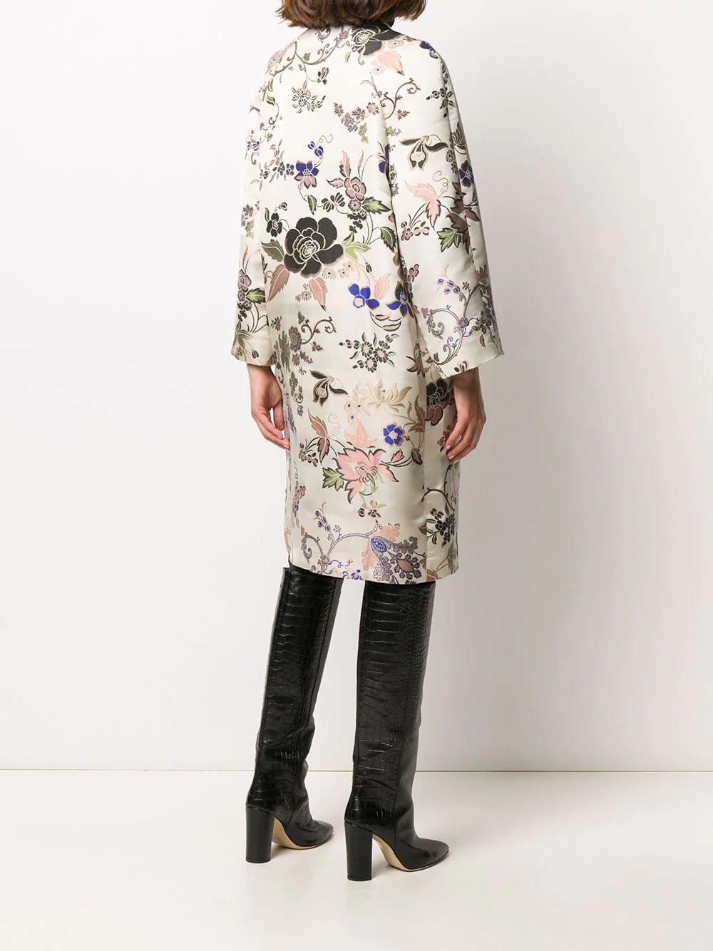 floral-jacquard longline coat - 4