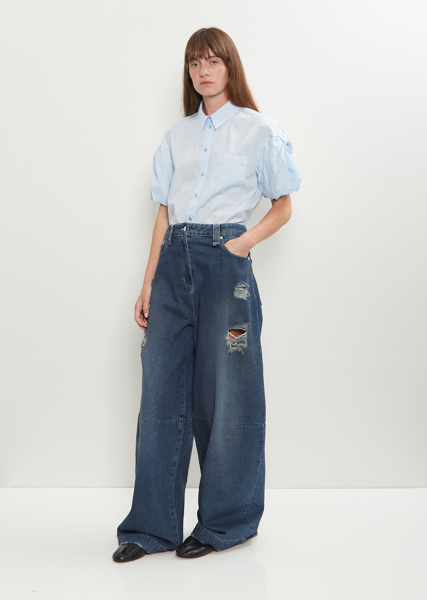 Distressed Wide Leg Puddle Jeans — Distressed Blue - 4