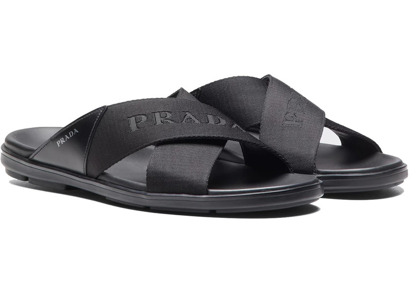 Prada Prada Nylon Tape Crisscross Slides Black Leather (Men's) outlook