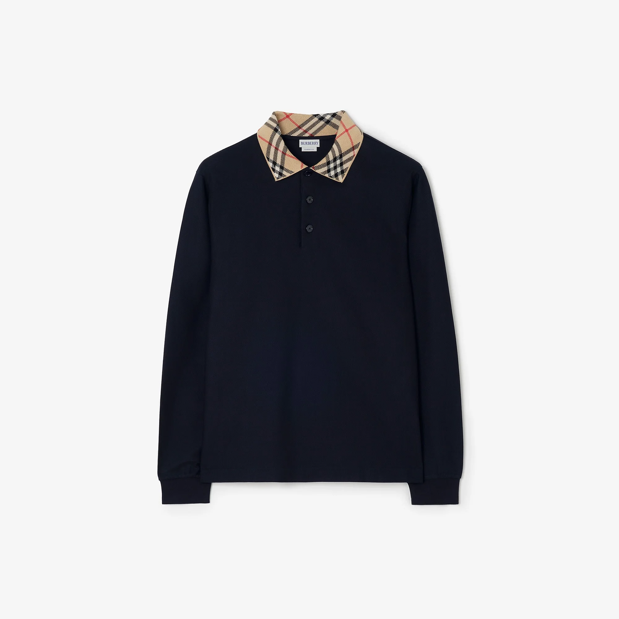 Long-sleeve Check Collar Cotton Polo Shirt - 1
