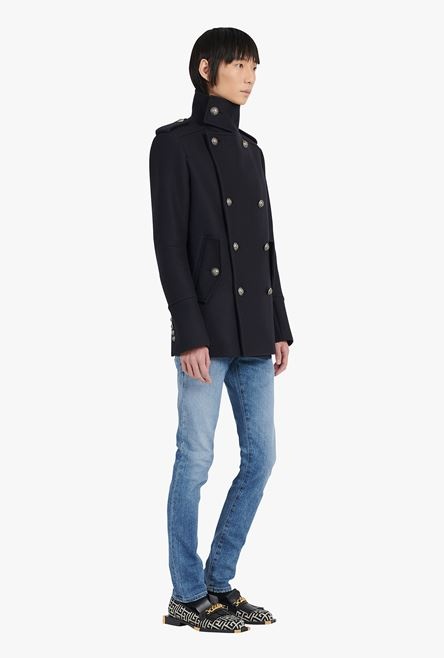 Blue wool military pea coat with double-breasted silver-tone buttoned fastening - 7