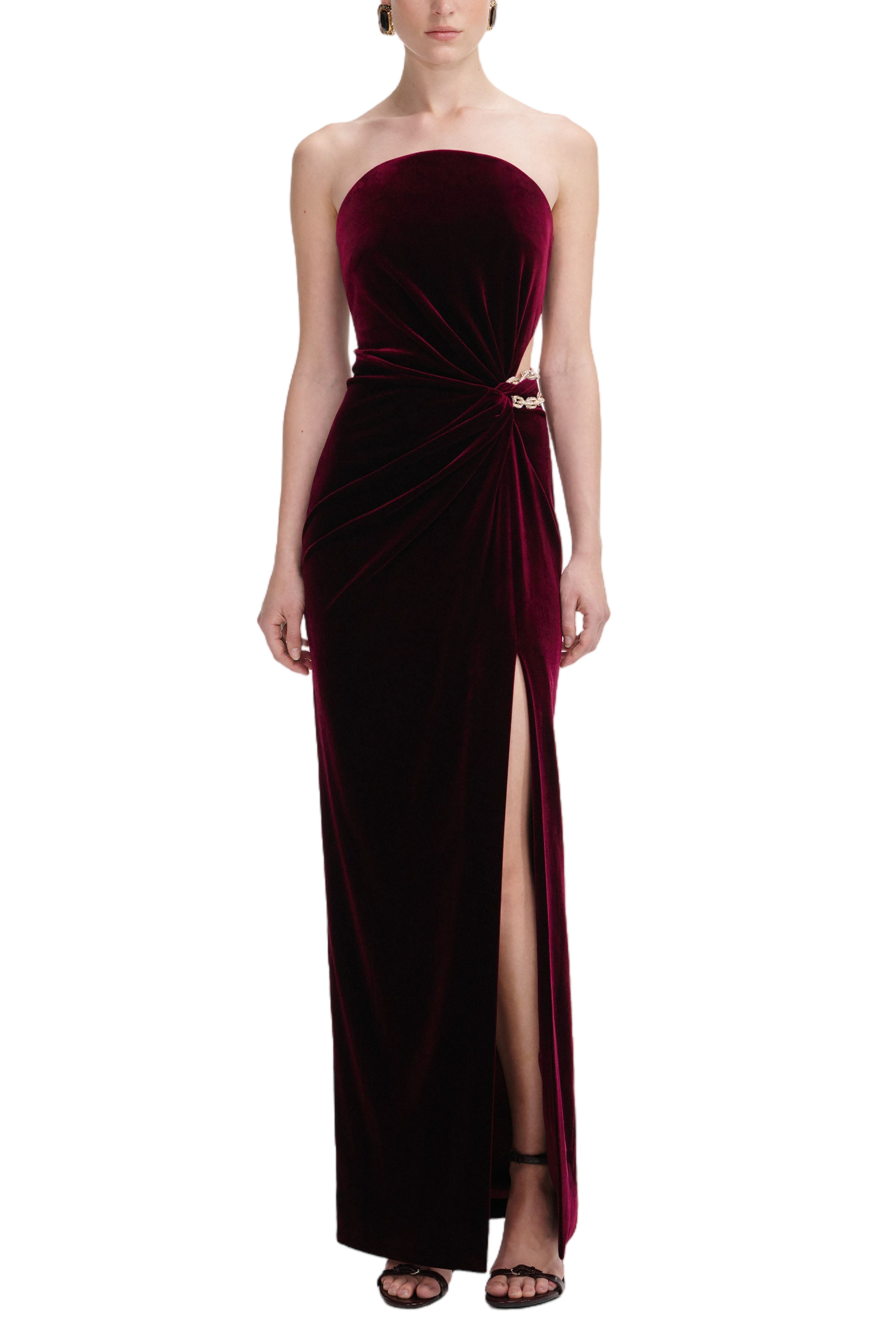 BURGUNDY VELVET BANDEAU MAXI DRESS - 1