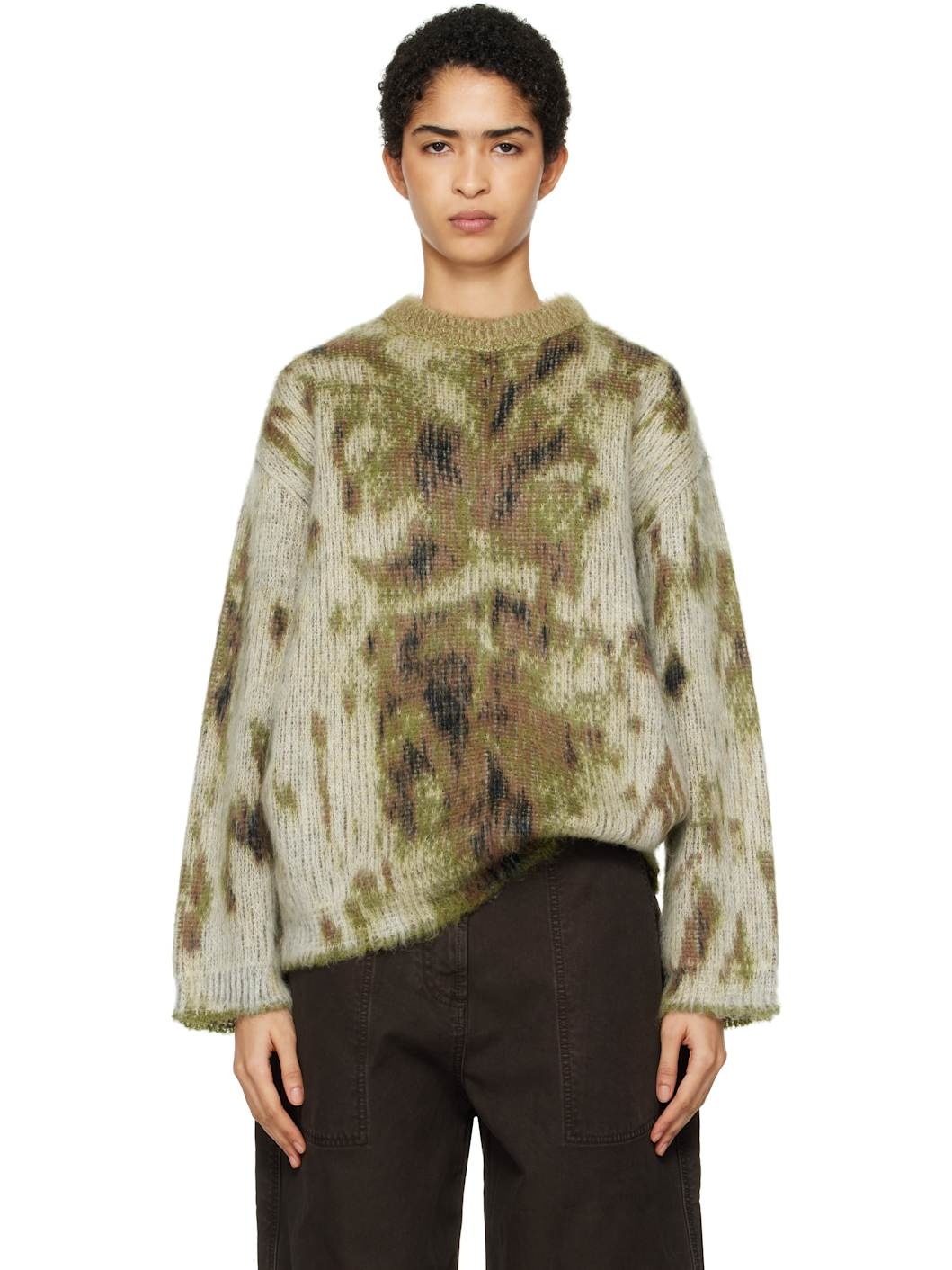 Khaki Abstract Knit Sweater - 1