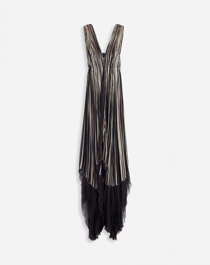 LONG PLEATED DRESS WITH TROMPE L'OEIL PRINT - 1