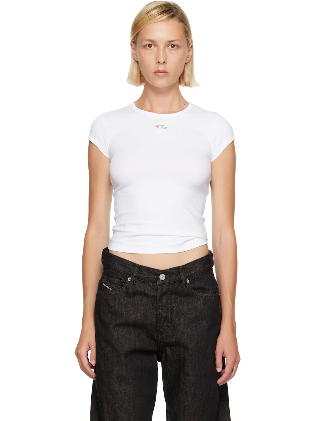 White Cut-Out Embroidered Logo T-shirt - 1