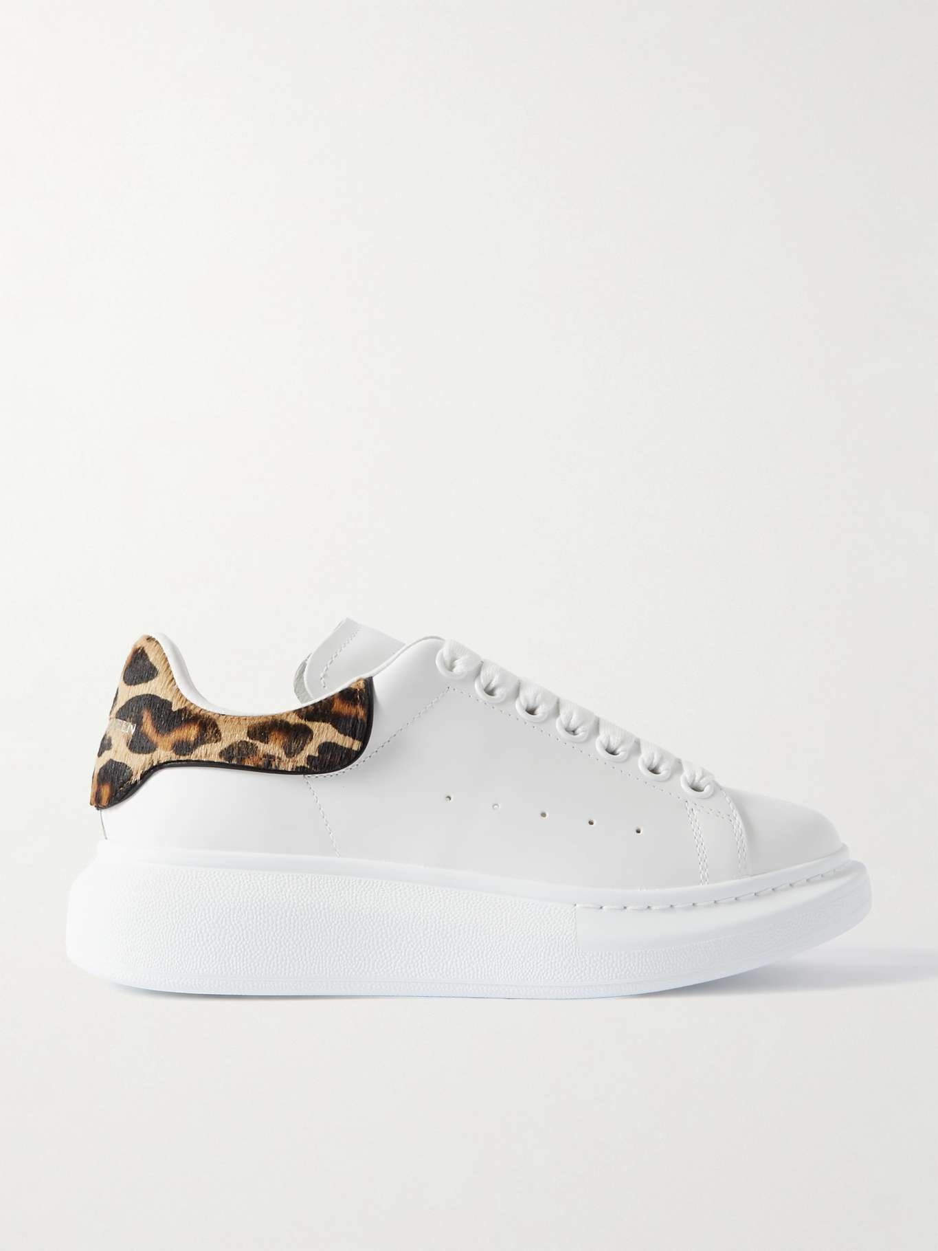 Leopard-print calf hair-trimmed leather exaggerated-sole sneakers - 1