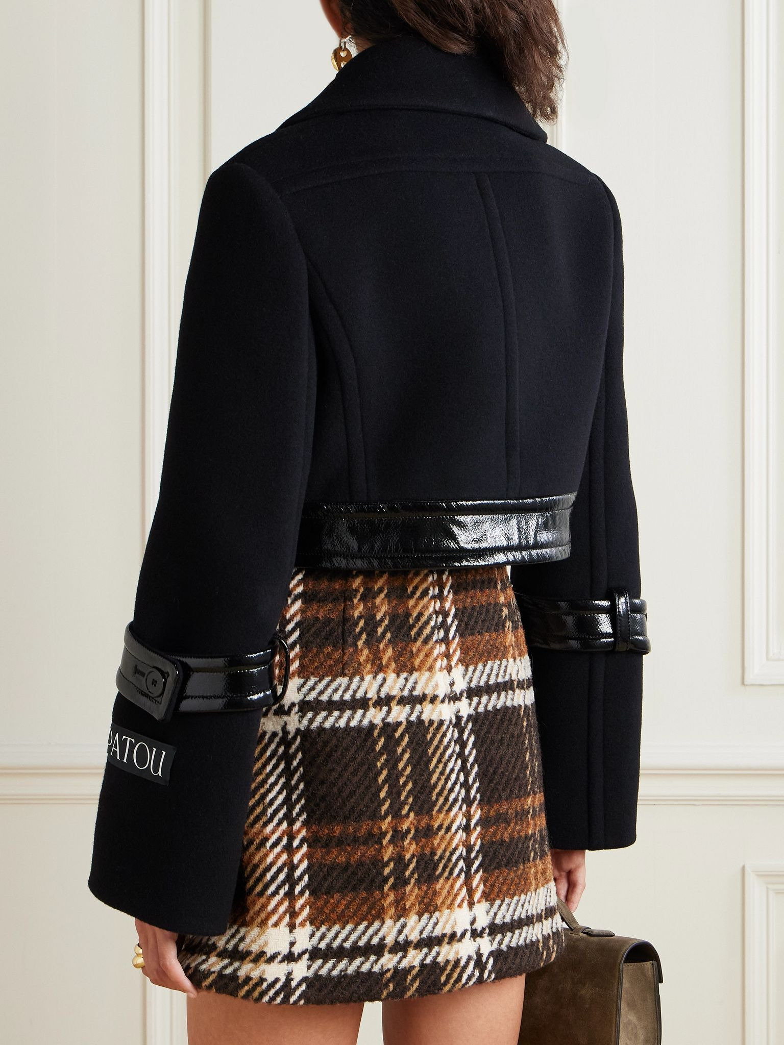 Belted coated-trimmed brushed wool-blend jacket Black - 3