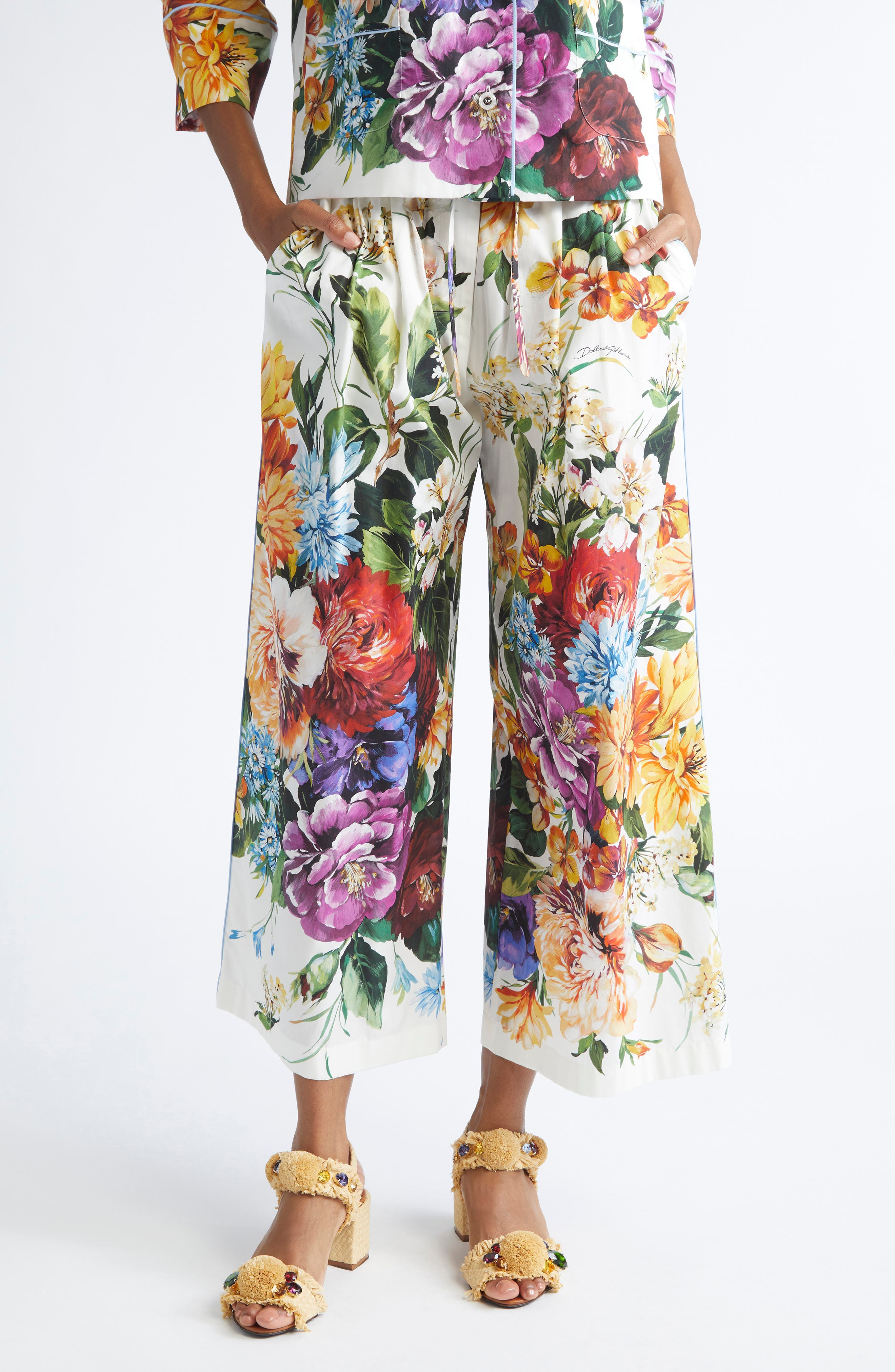 Dolce&Gabbana Floral Crop Cotton Wide Leg Pants in Ha5Pc B.fiori Cret. F.bco at Nordstrom - 1