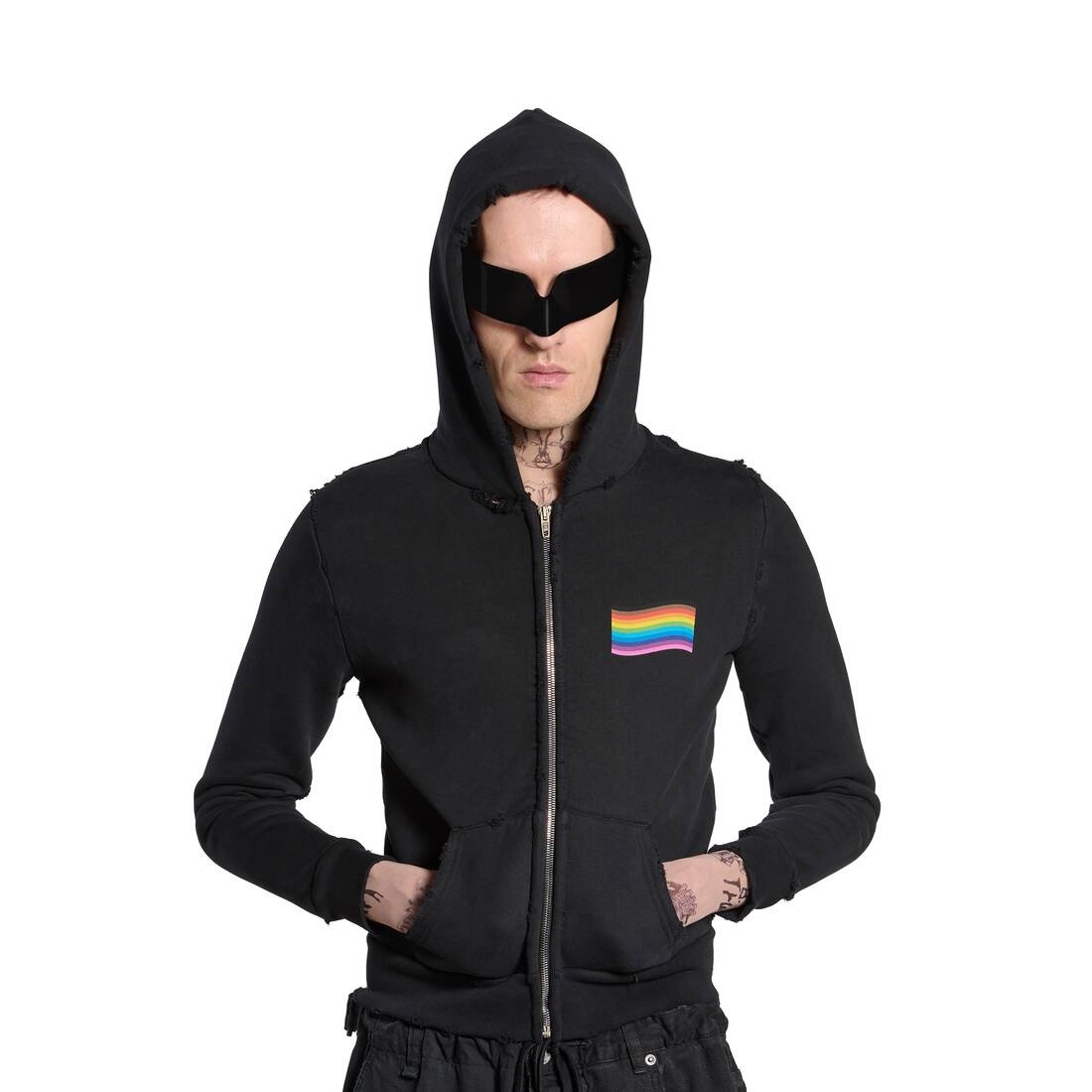 Rainbow Flag Zip-up Hoodie Small Fit in Black - 5