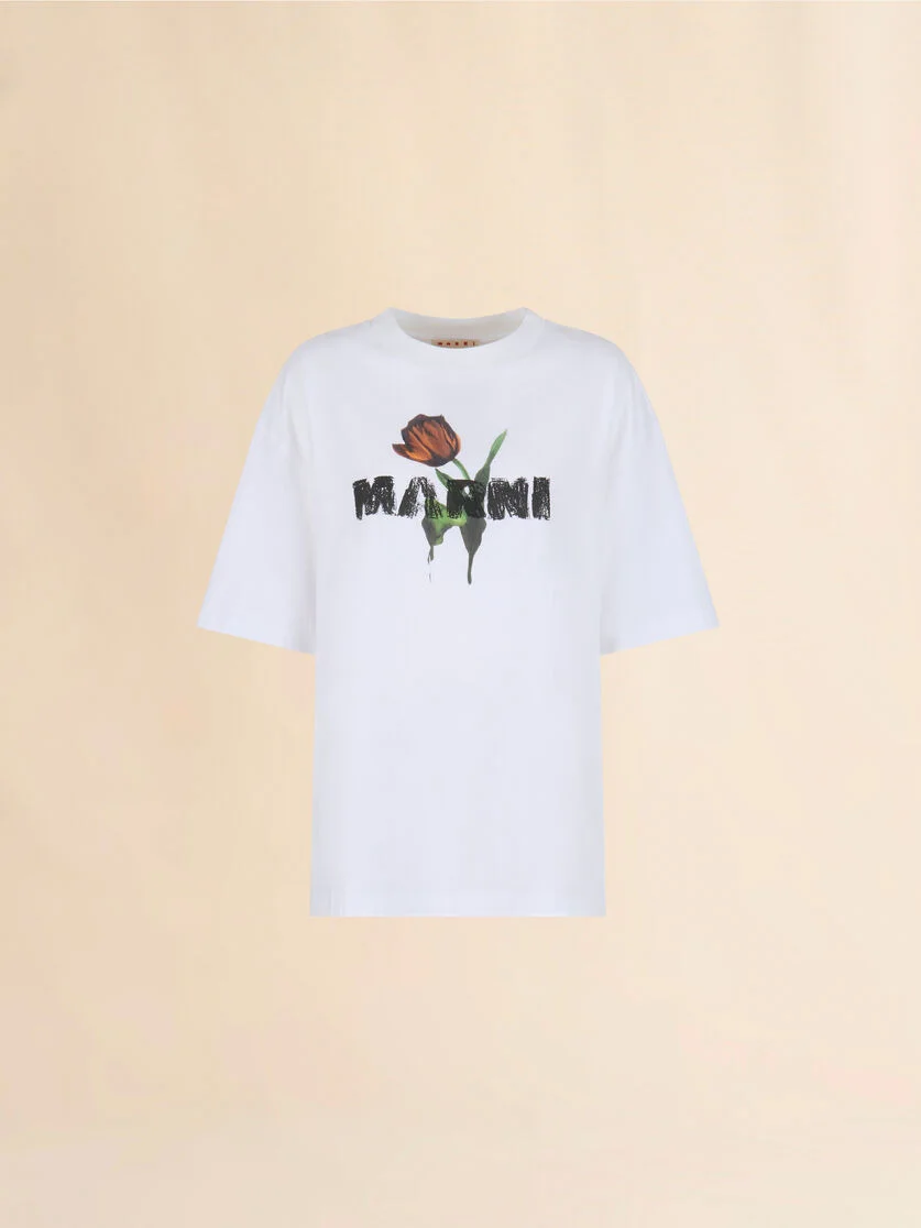 WHITE COTTON T-SHIRT WITH TULIP PRINT - 1