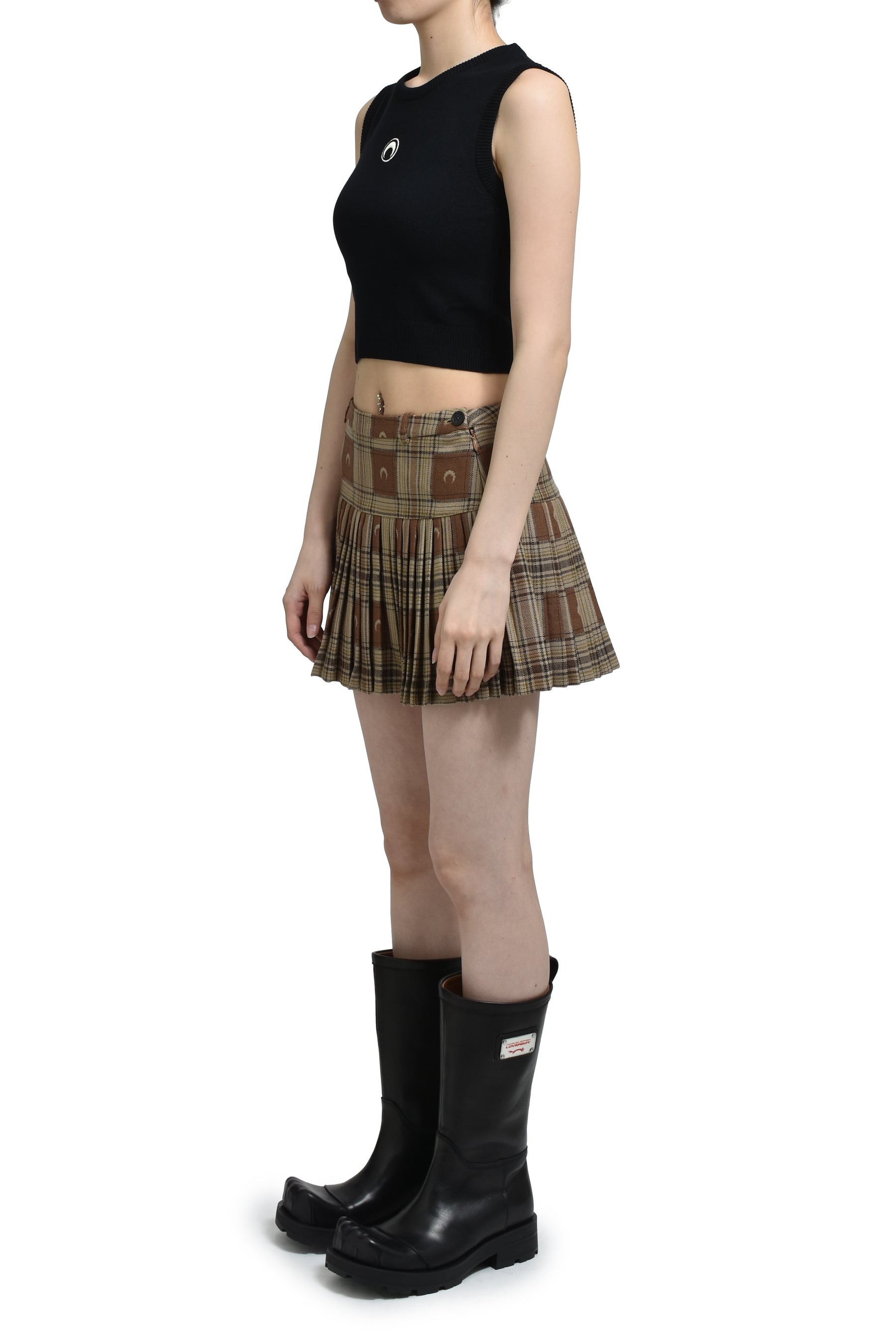 MOON CHECKS JACQUARD PLEATED SKIRT / BRW - 4