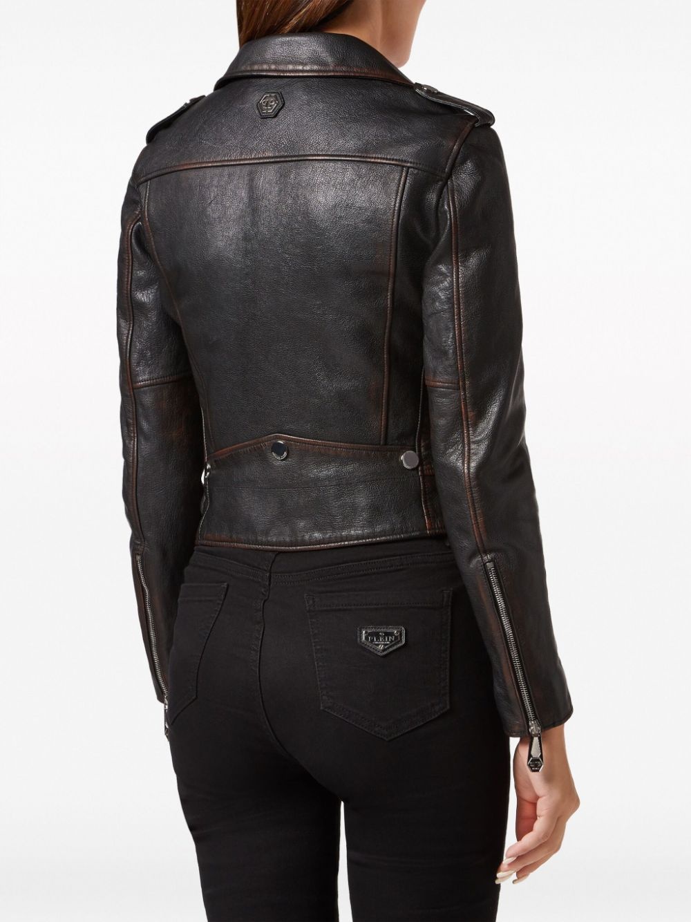 logo-patch leather biker jacket - 4