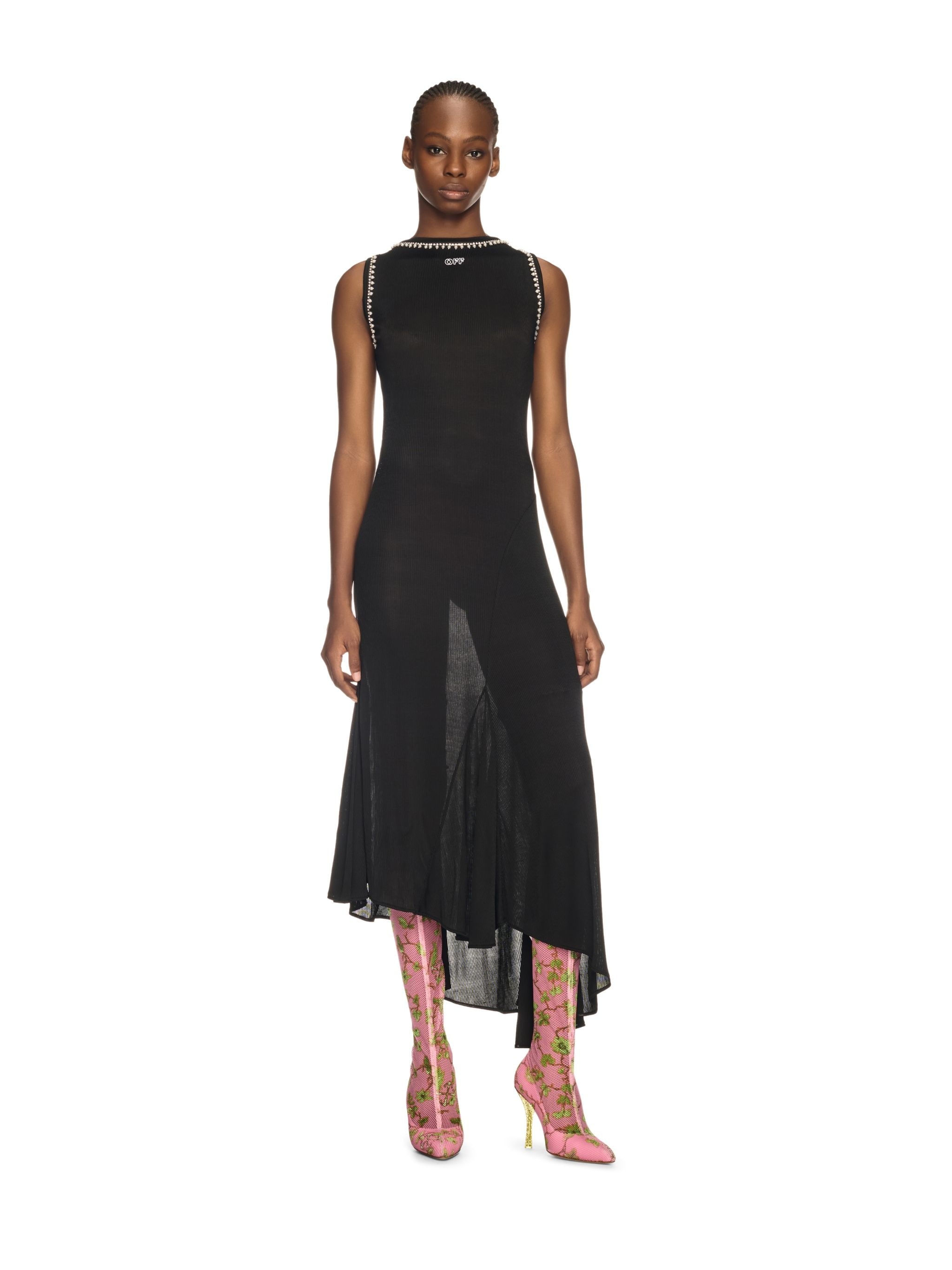 Black Ribbed Embellished Long Dress - 2