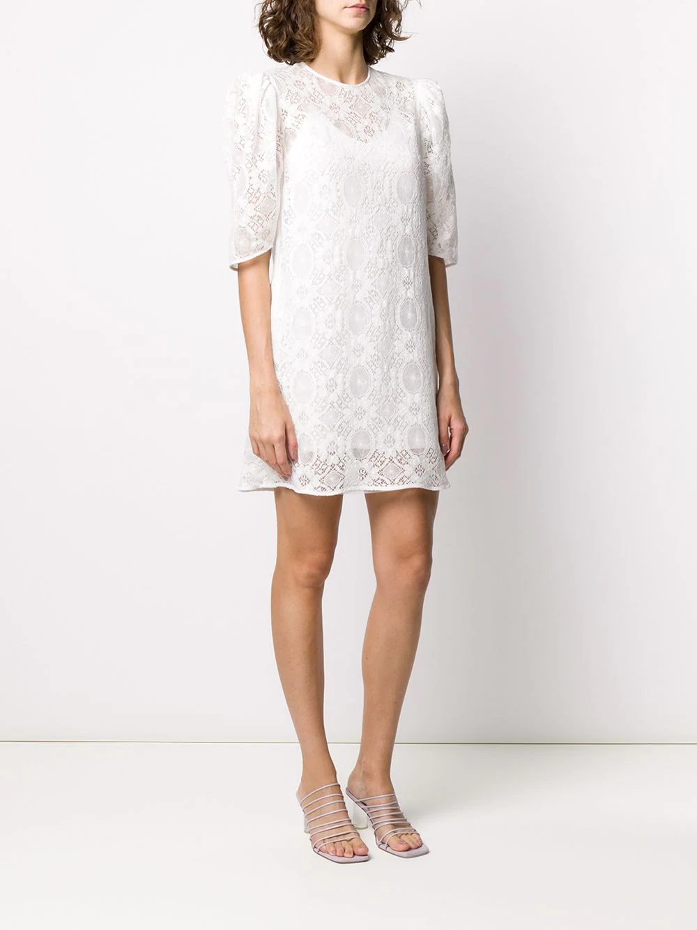 puff-sleeved floral lace shift dress - 3