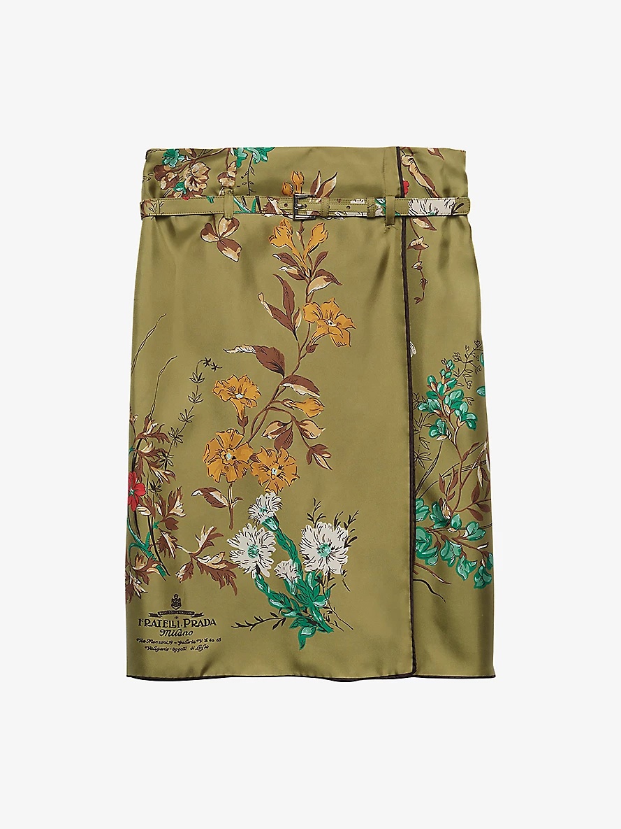 Floral-print belted-waist high-rise silk mini skirt - 1