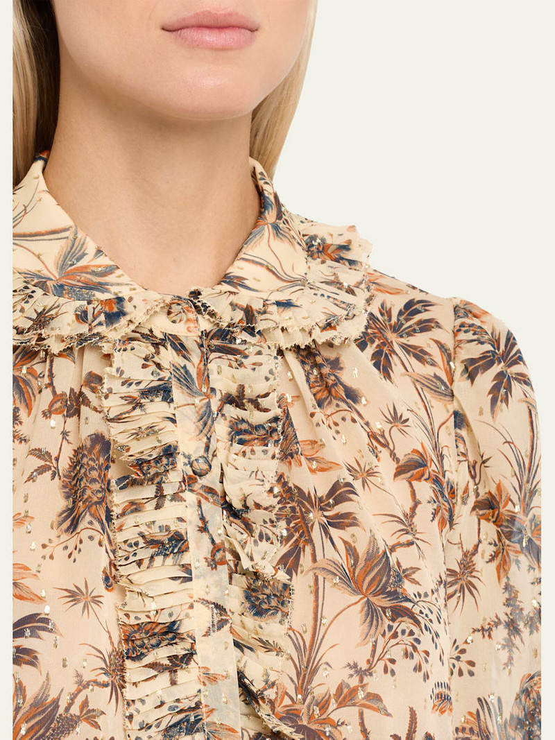 ULLA JOHNSON Nina Metallic Fil-Coupe Chiffon Ruffle Button-Down Blouse outlook