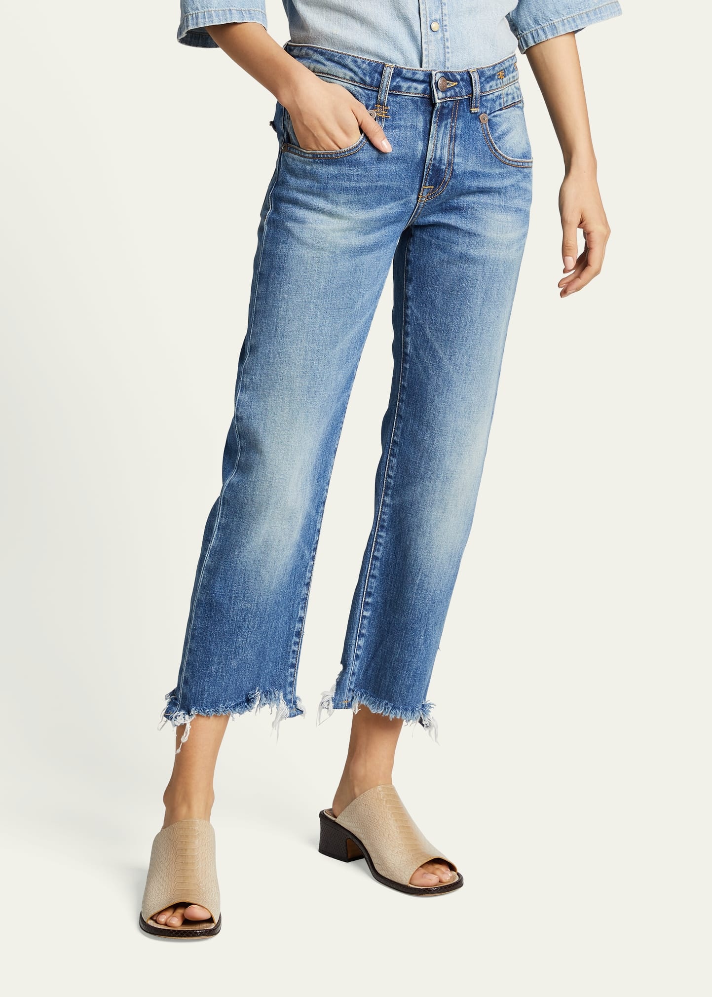 Boy Straight Cropped Jeans w/ Ripped Hem - 4
