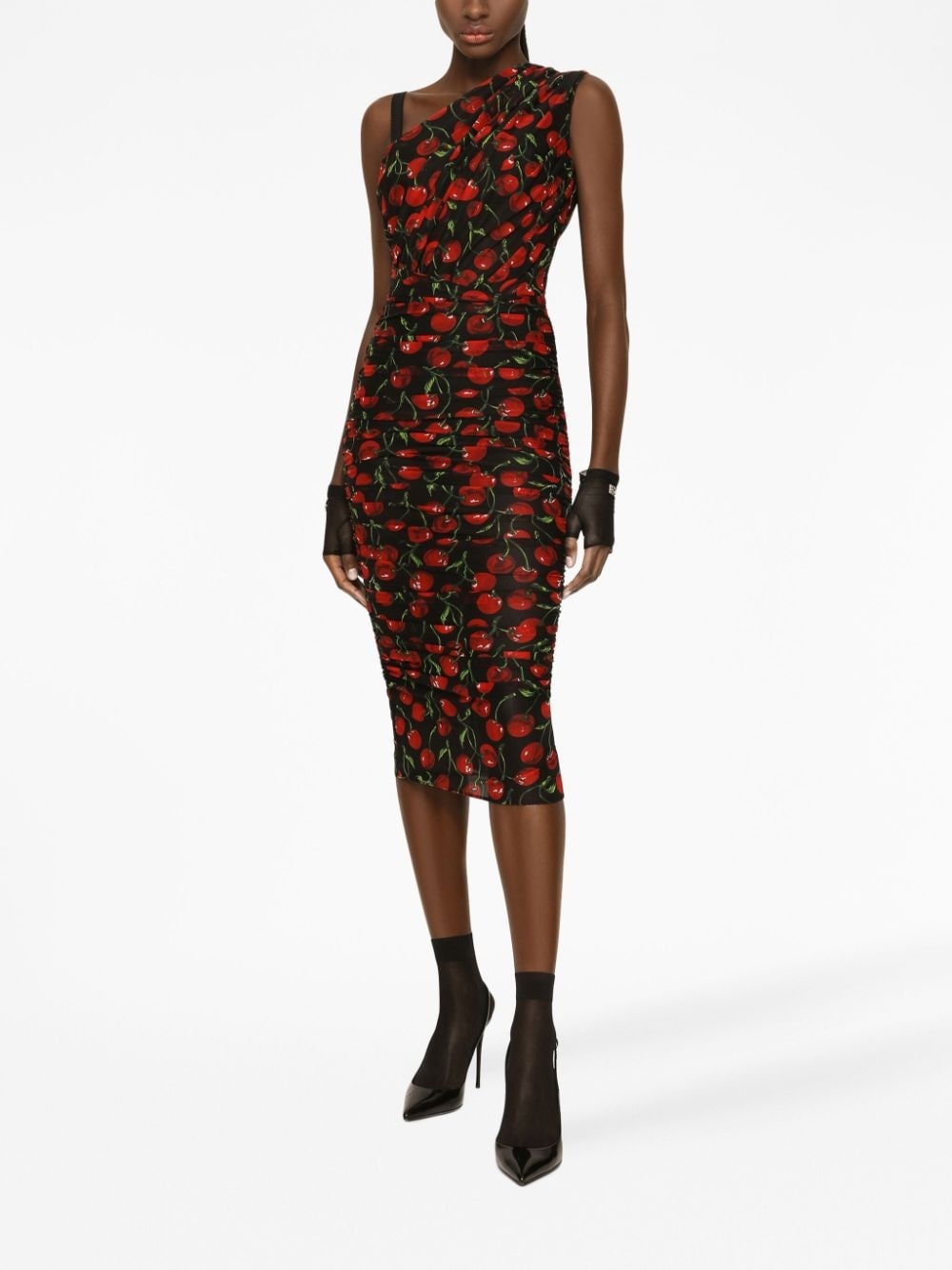 cherry-print ruched midi dress - 2