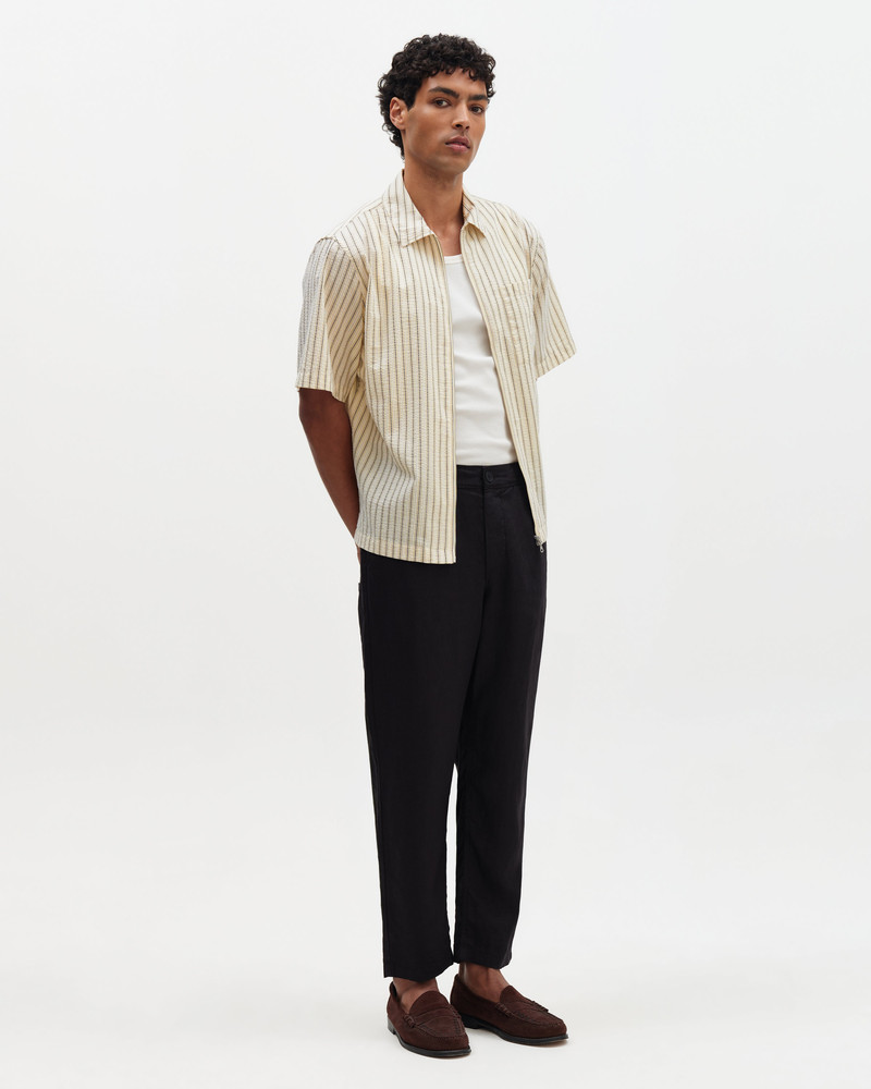 Sears - Natural And Navy Stripe Seersucker Zip Short-Sleeve Shirt 4