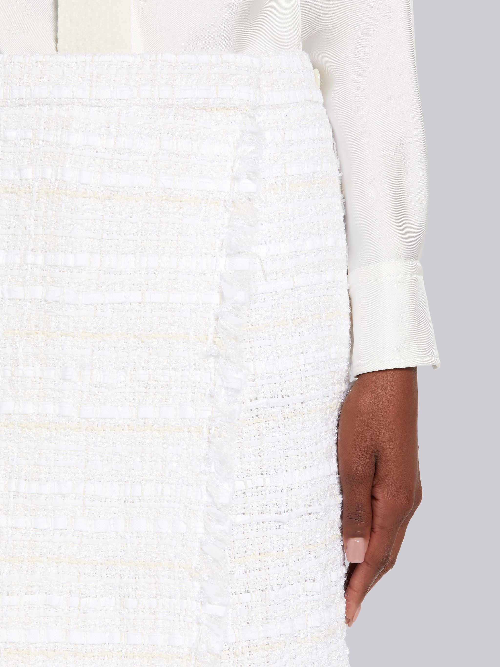 White Cotton Oxford Ribbon Tweed Frayed A-line Bermuda Wrap Short - 5