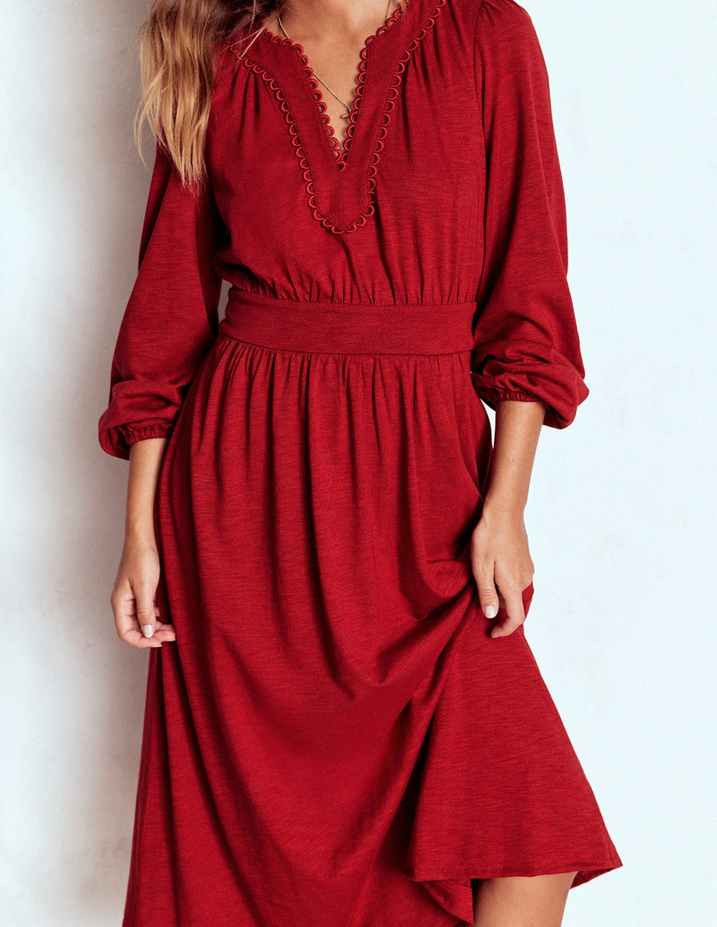 Maddie Picot Trim Midi Dress-Carmine Red 4
