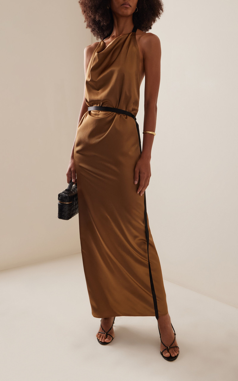 BEVZA Satin Maxi Apron Wrap Dress gold outlook