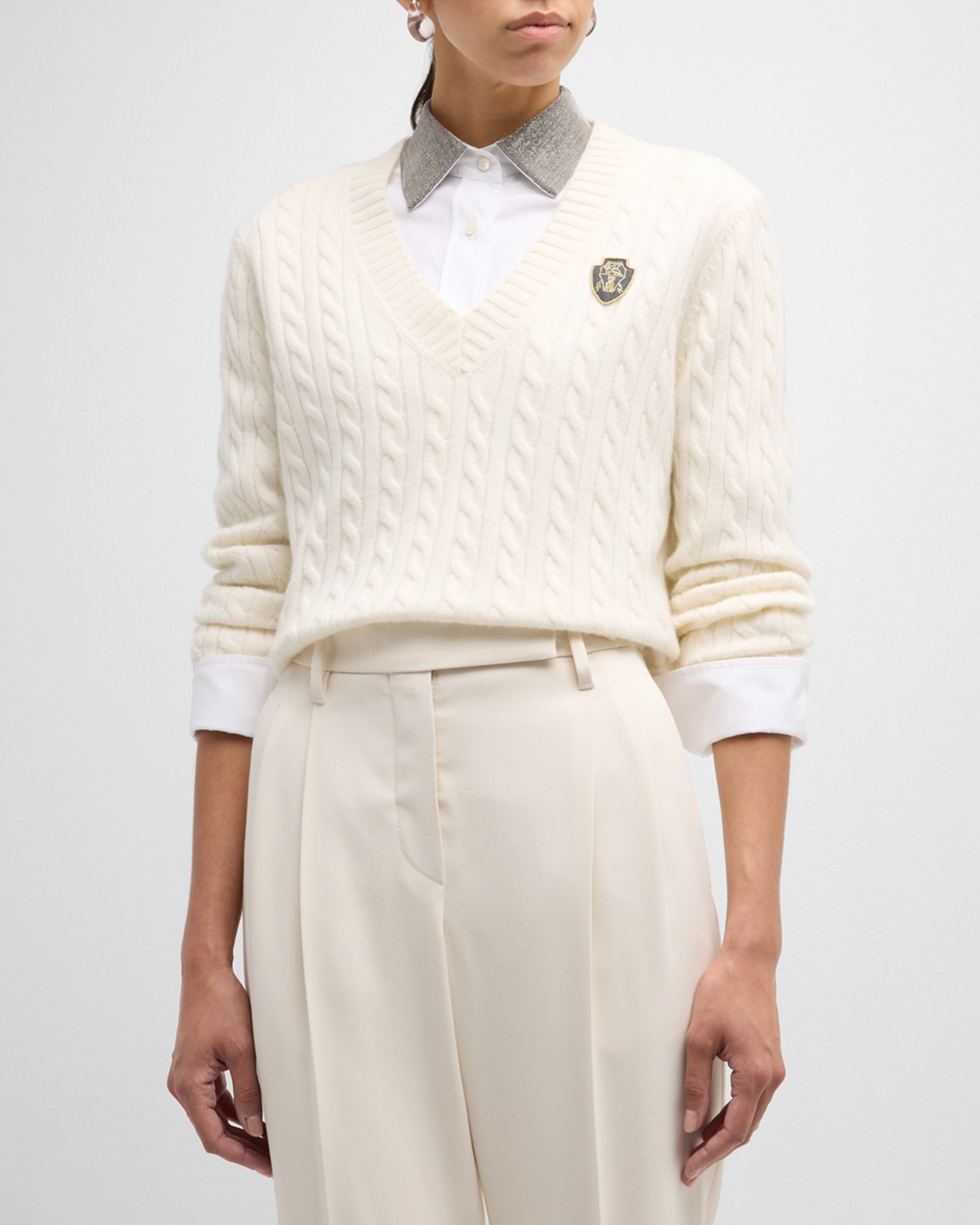 Cashmere Cable-Knit Sweater with Crest Embroidery - 2