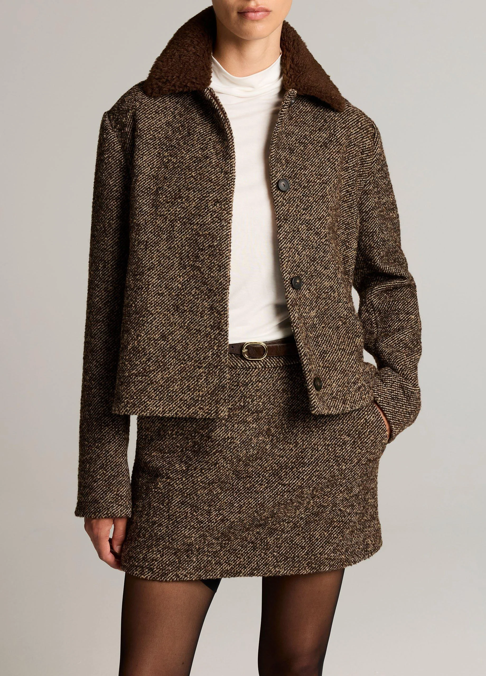 Contrast-Collar Bouclé Jacket - 1