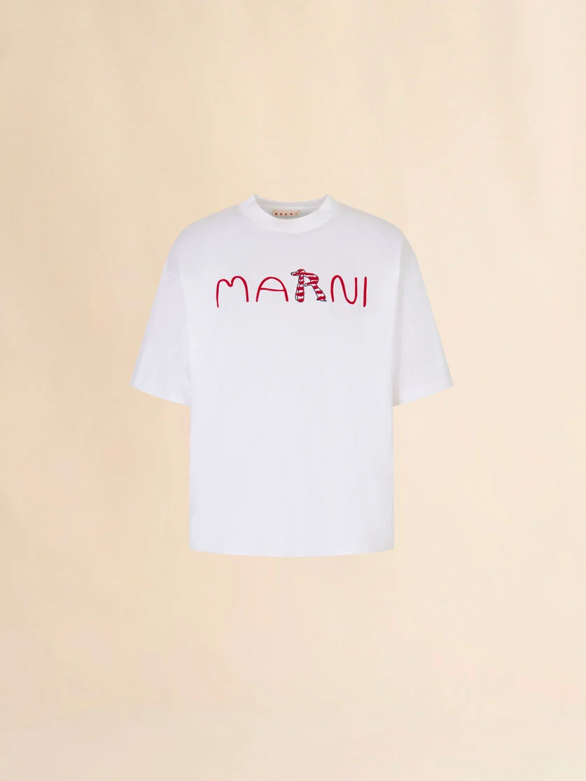 WHITE COTTON T-SHIRT WITH FLOCKED MARNI ANIMAL ALPHABET LOGO - 1