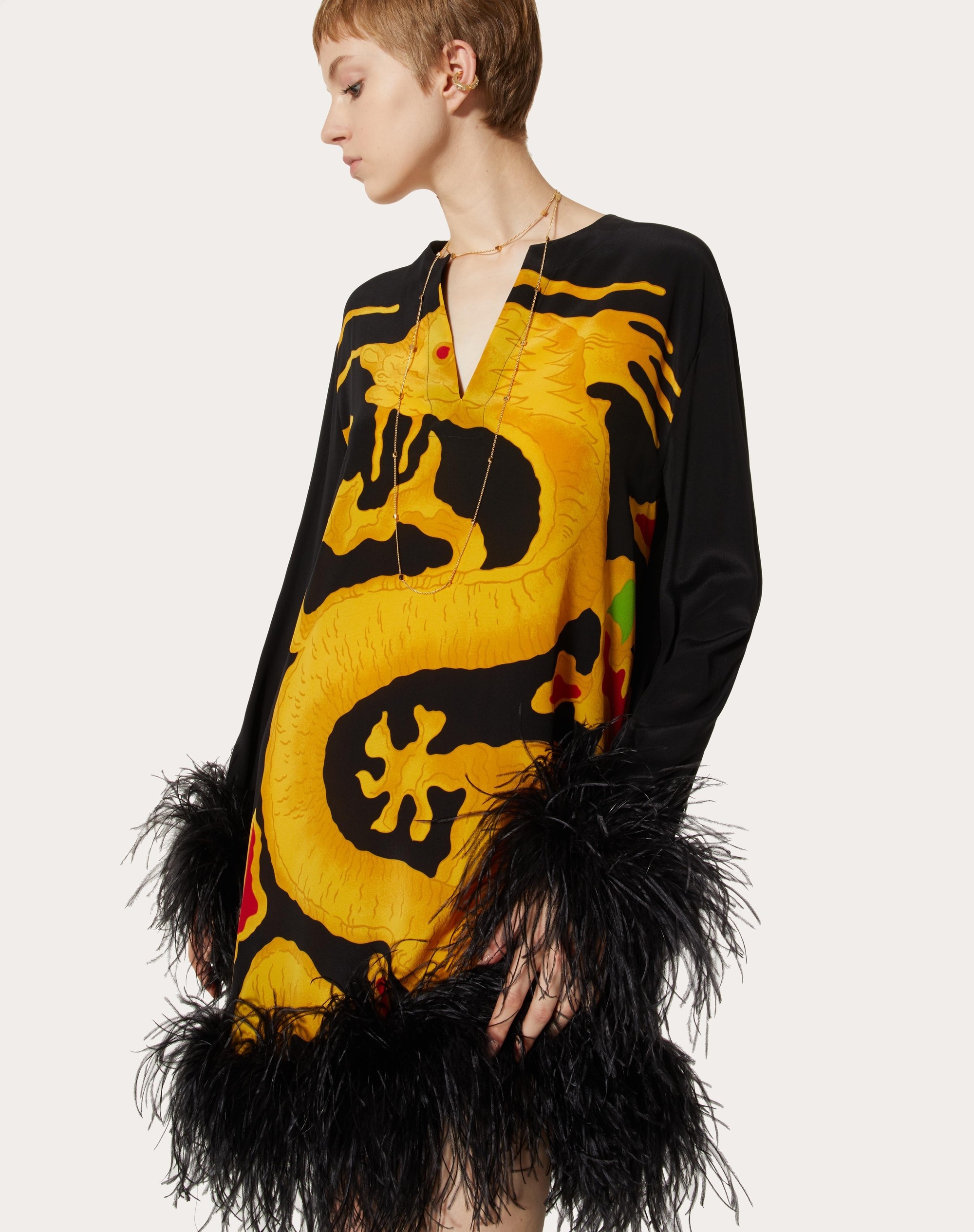 CREPE DE CHINE DRESS WITH FEATHER EMBROIDERY AND DRAGO RE-EDITION PRINT - 5