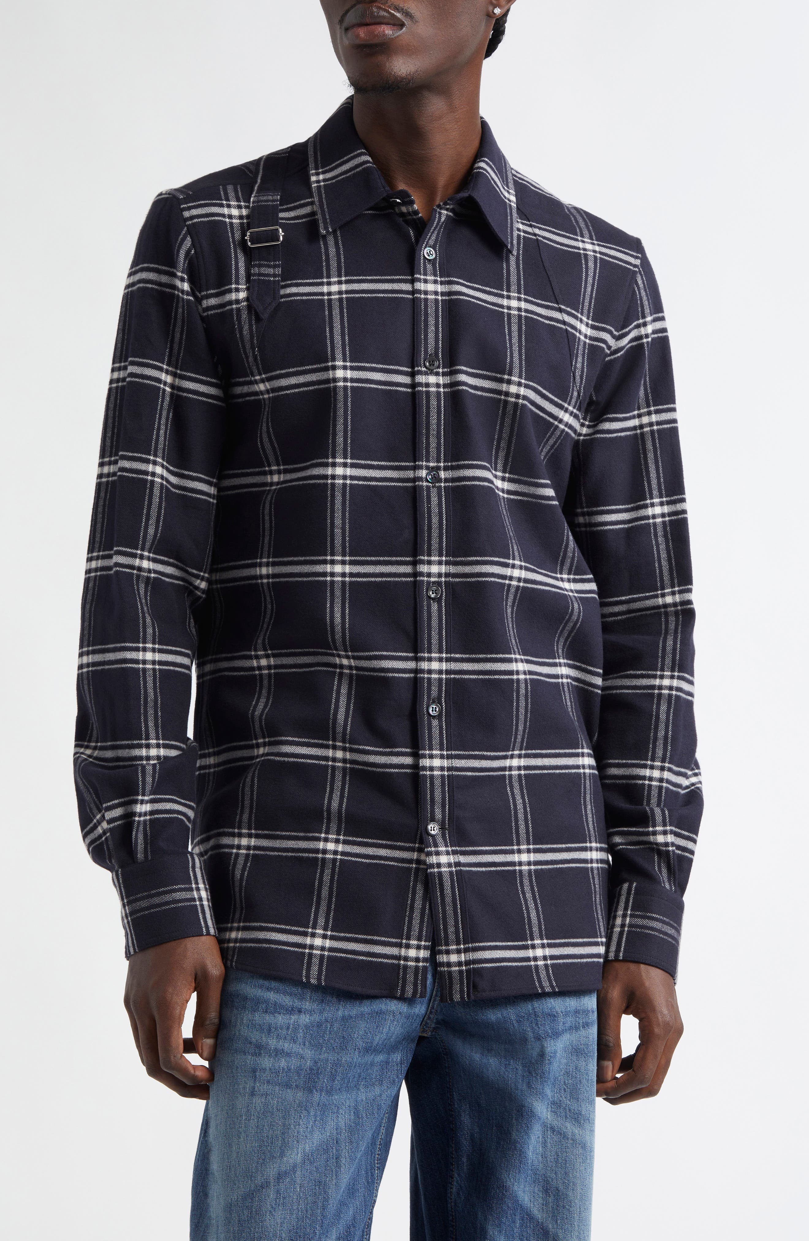 McQueen Harness Plaid Cotton Flannel Button-Up Shirt in Black-Ivory at Nordstrom - 1