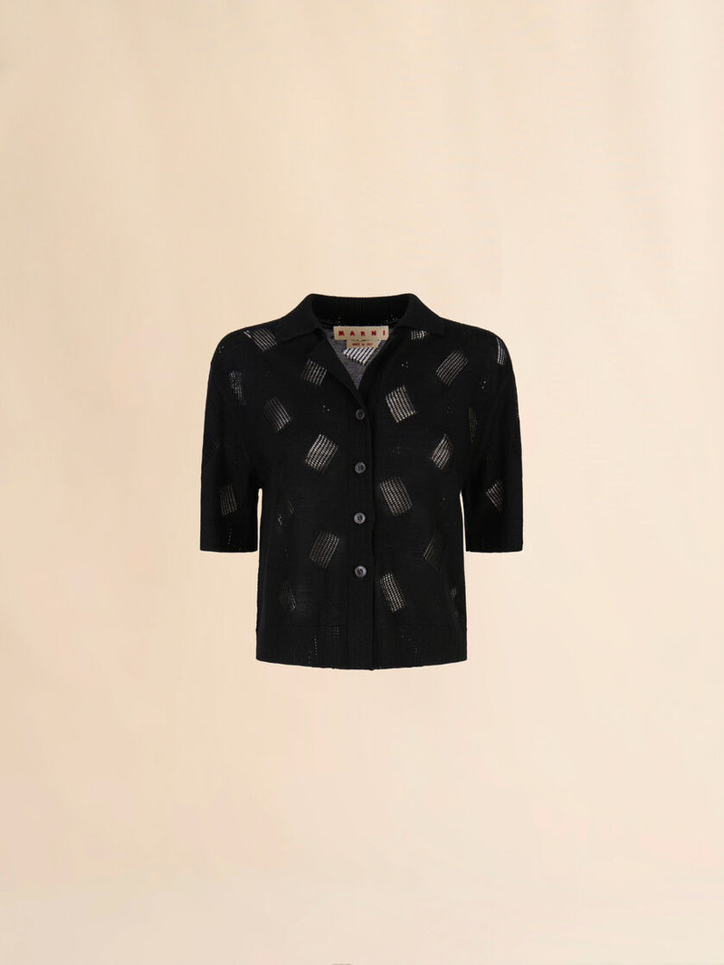 BLACK WOOL-SILK KNIT OPENWORK SHIRT 1