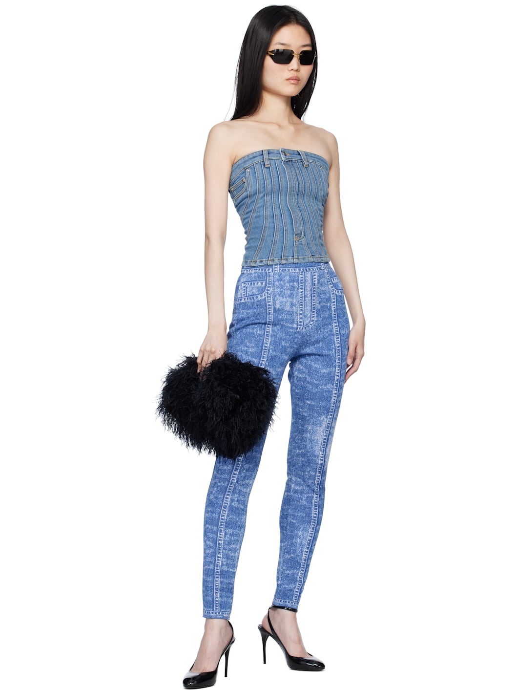 Blue Denim Effect Knit Leggings - 4