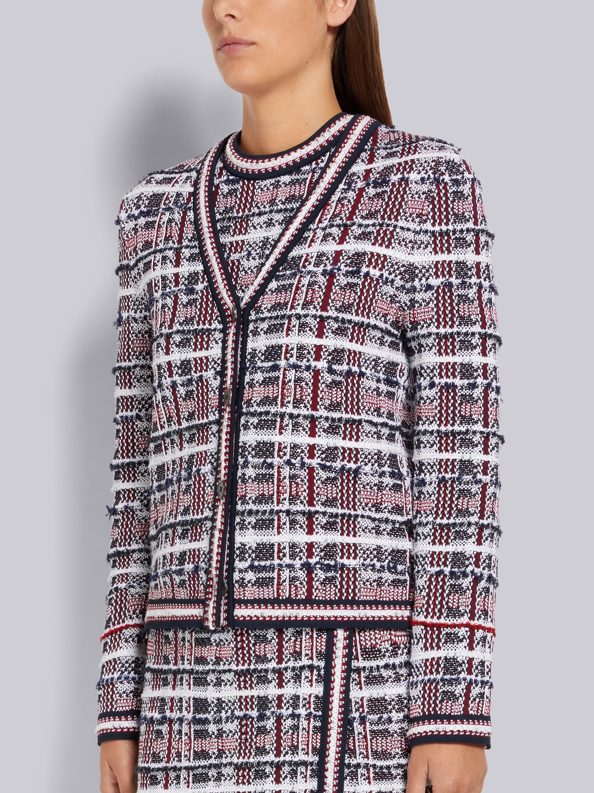 Multicolor Hairline Madras Check Jacquard Stripe Inlay V-Neck Cardigan - 2