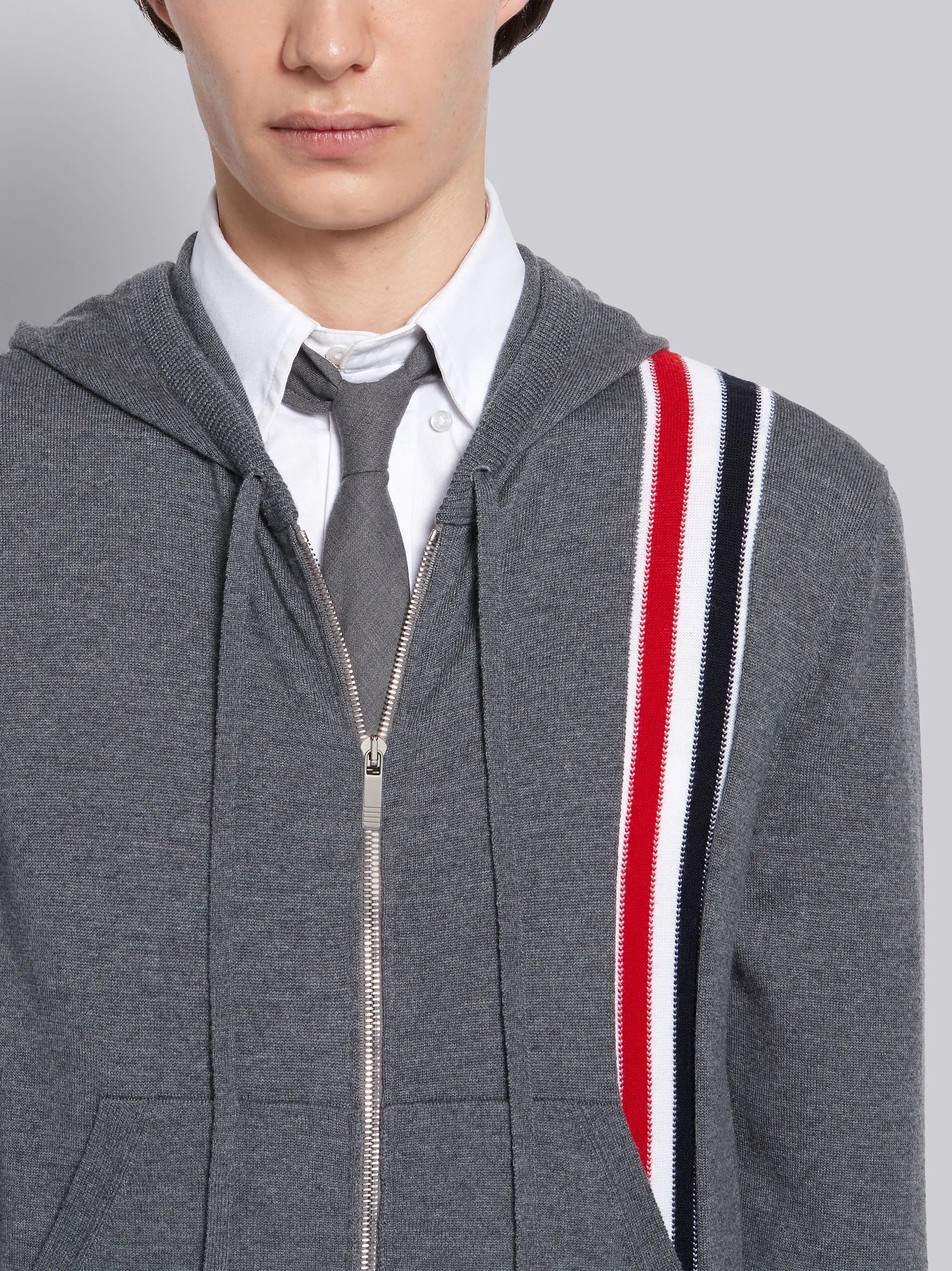 Medium Grey Merino Wool Jersey Tricolor Intarsia Stripe Zip-up Hoodie - 5