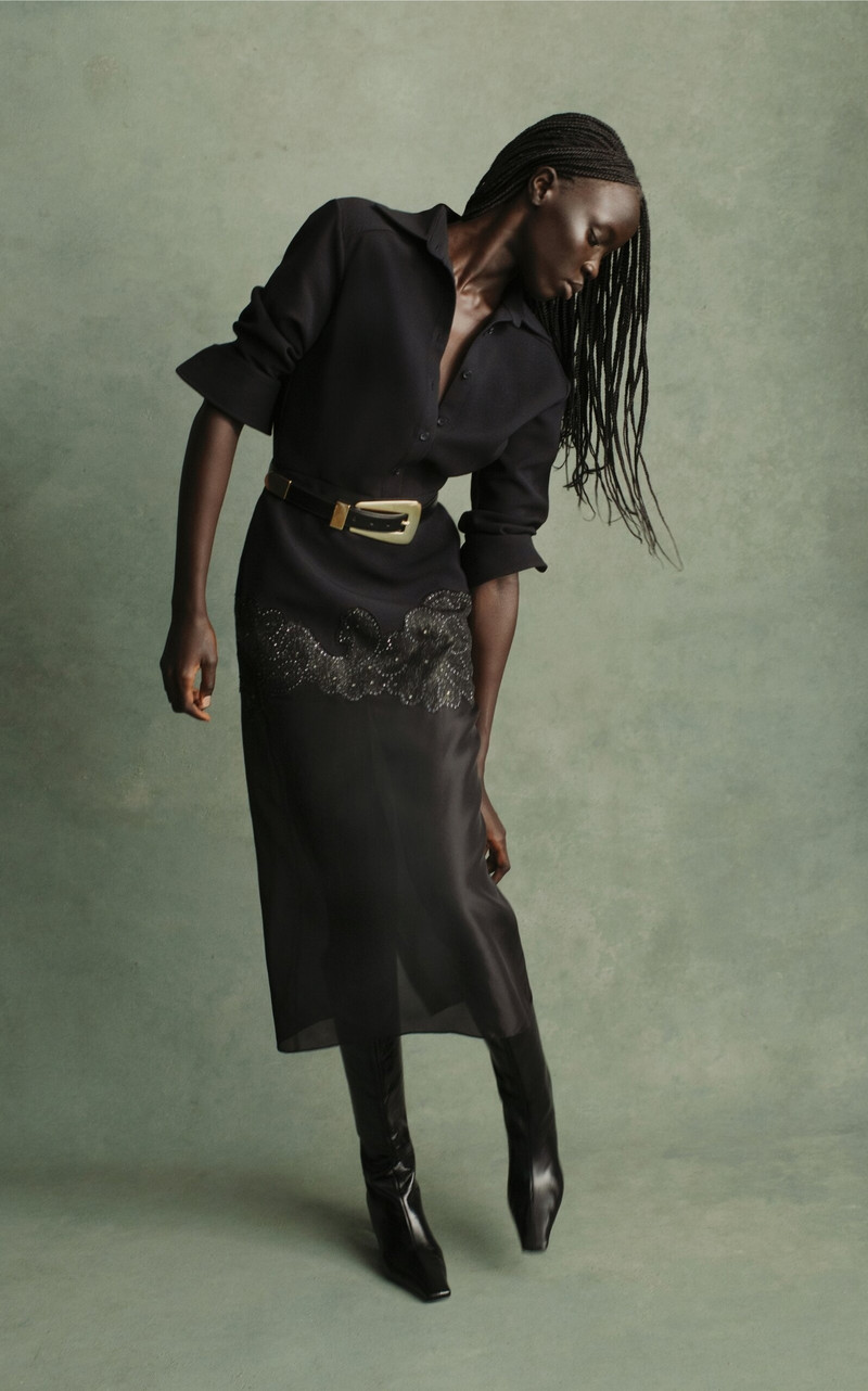 BRANDON MAXWELL The Amelie Embroidered Crepe-Silk Midi Dress black outlook