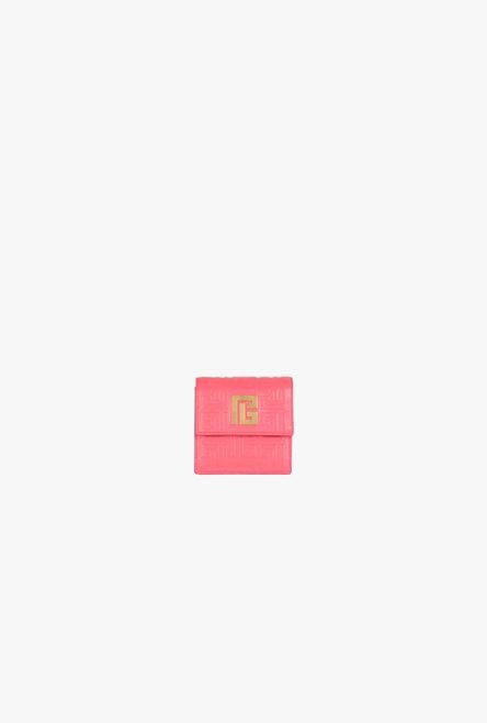 Salmon pink debossed leather card holder with Balmain monogram and chain - 1