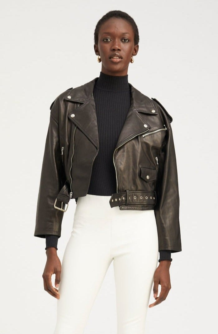BLACK LEATHER EYELET LACE-UP MOTO JACKET - 4