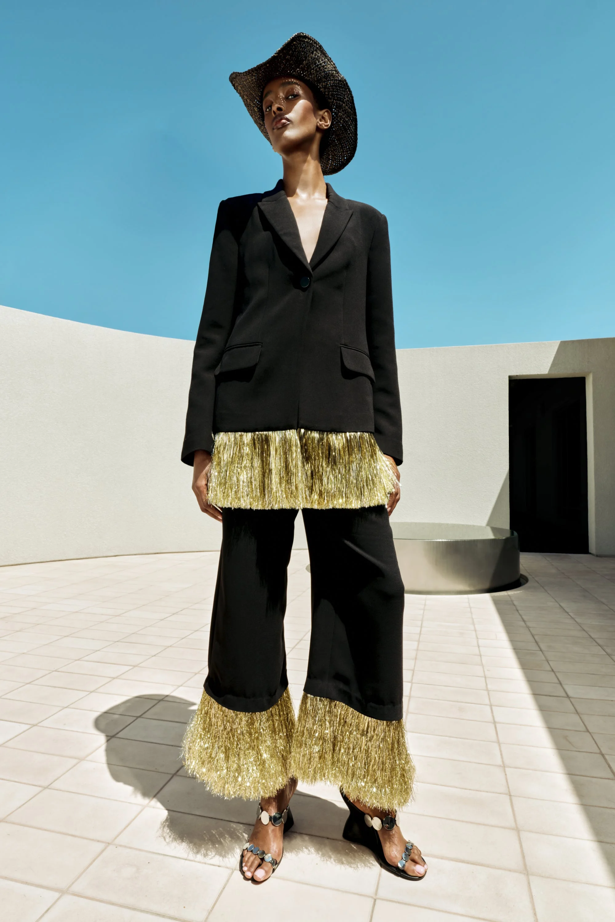 Odette Crepe Fringe Blazer In Black - 1