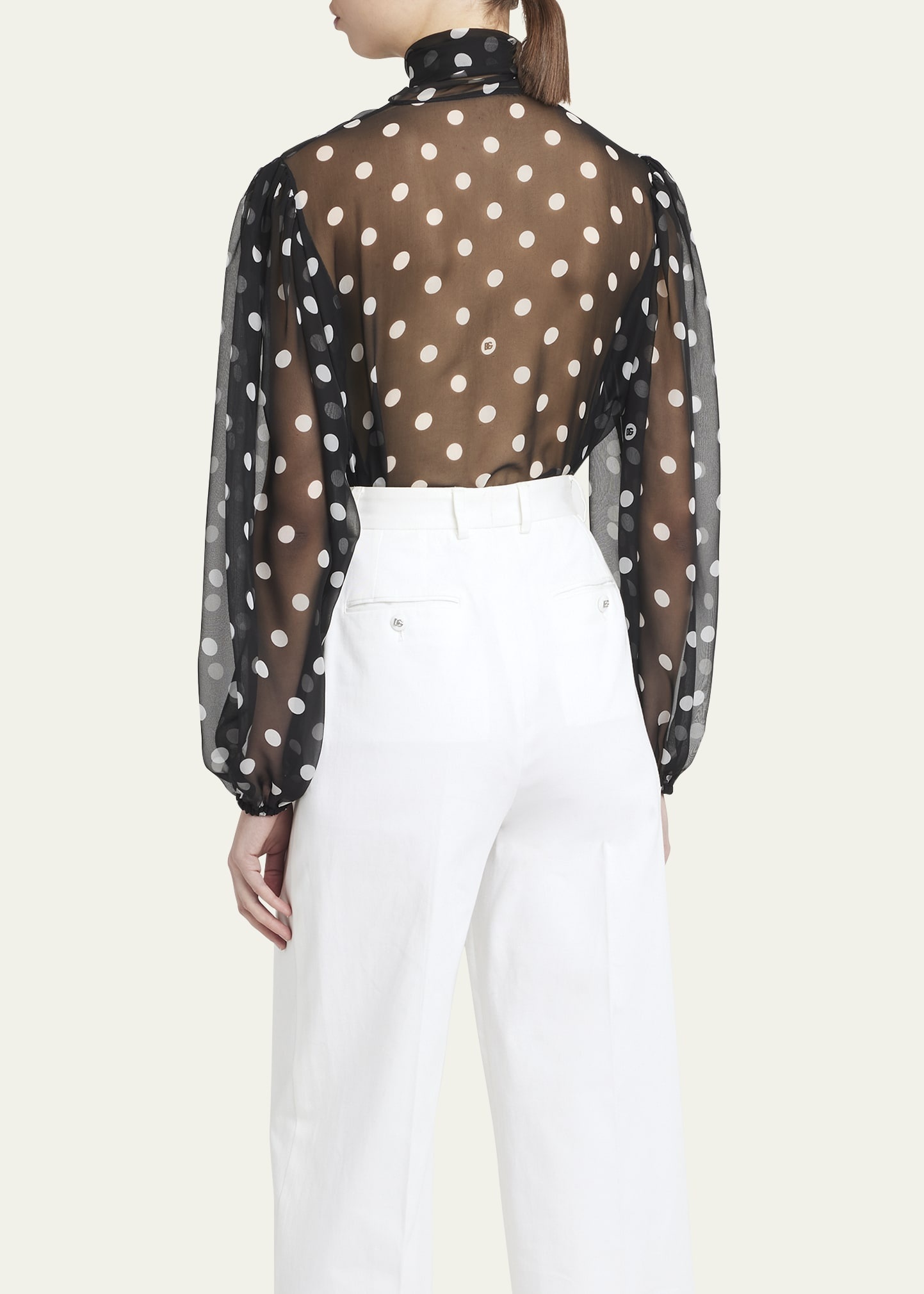 Polka Dot Chiffon Scarf-Neck Blouse - 3