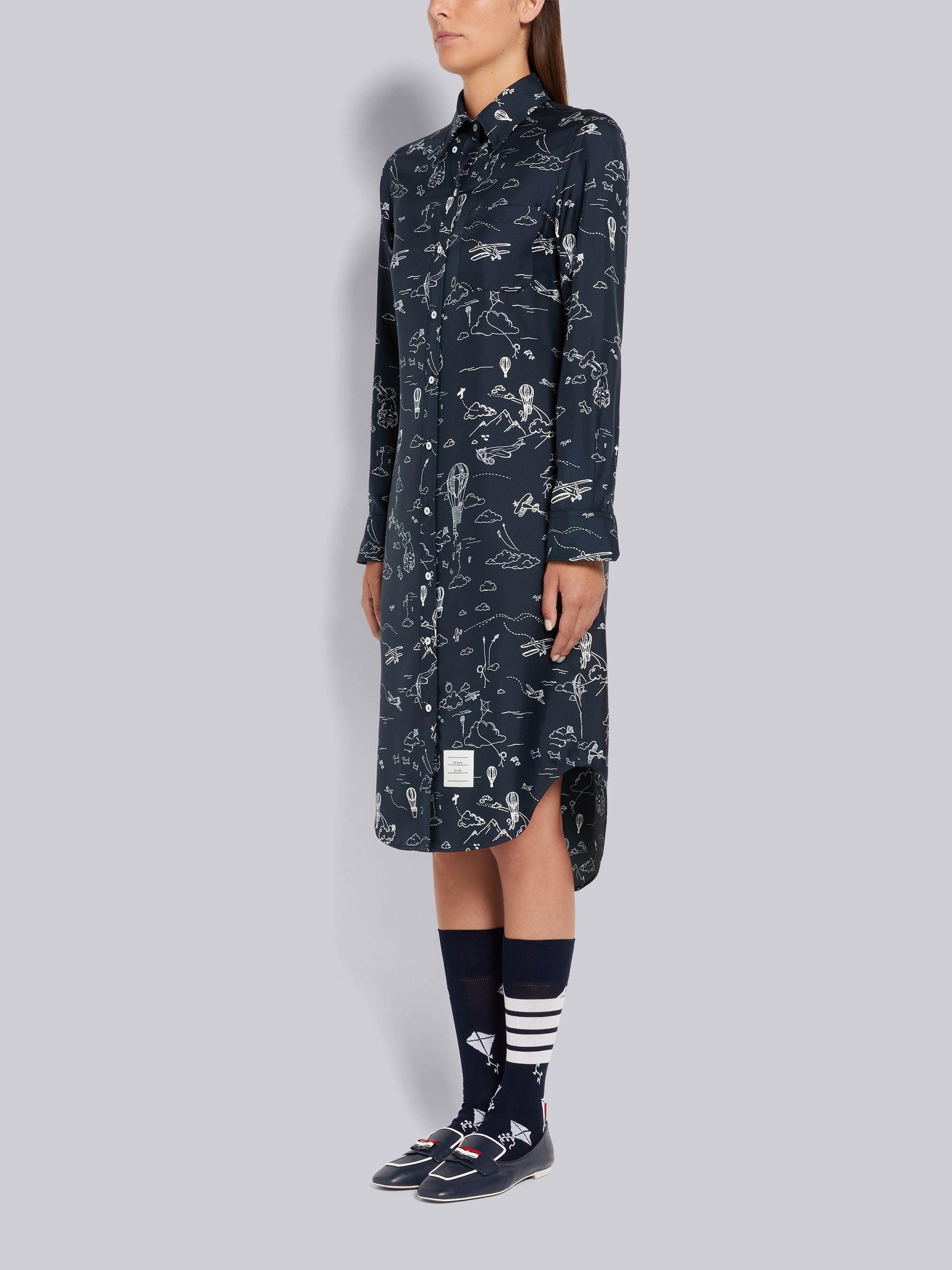 Navy Sky Toile Printed Silk Twill Point Collar Knee Length Shirtdress - 2