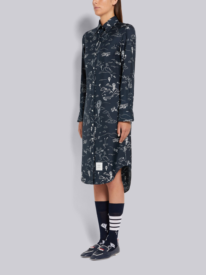 Thom Browne Navy Sky Toile Printed Silk Twill Point Collar Knee Length Shirtdress outlook