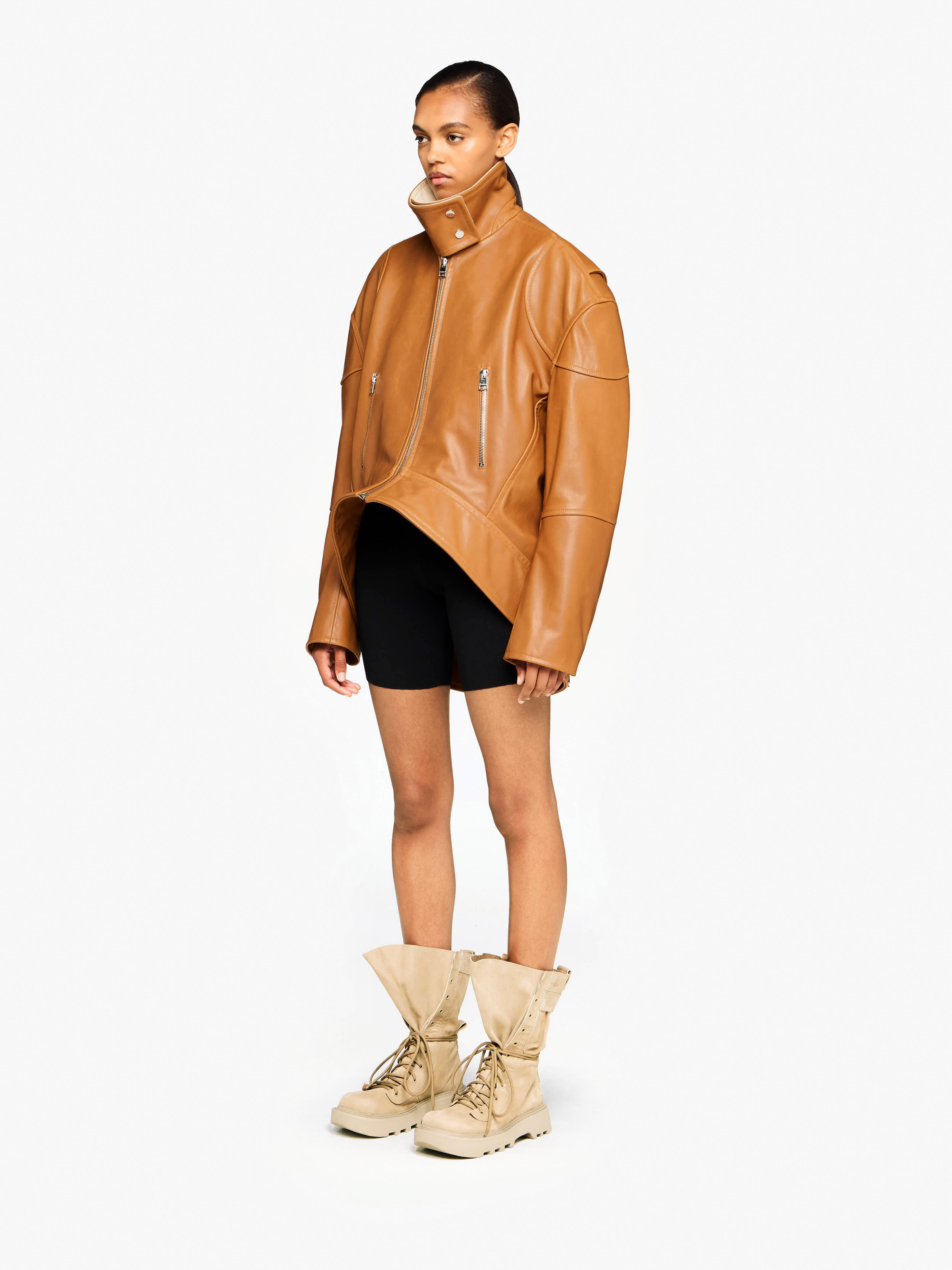 CURVED LEATHER HEM HIGH NECK JACKET - 4