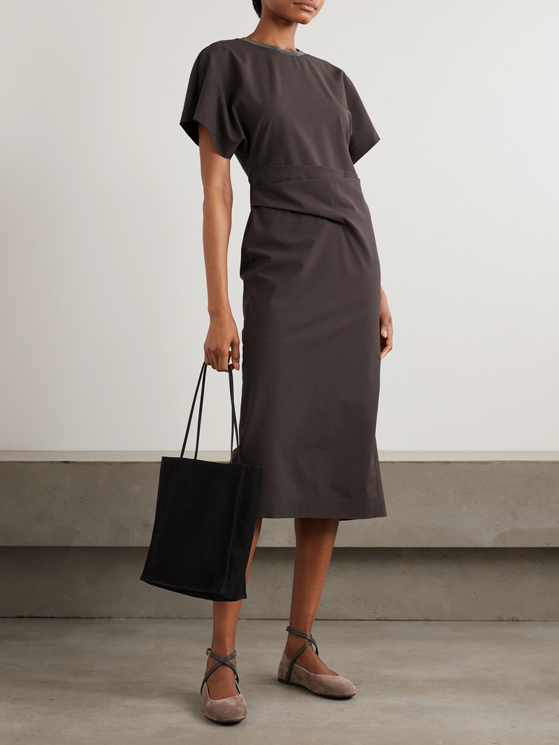 Brunello Cucinelli Embellished Draped Virgin Wool-blend Midi Dress outlook