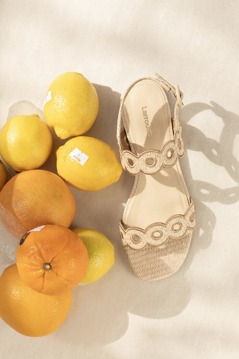 Florence Broderie Flat Sandal In Natural Raffia and Hazelnut Trimming 6